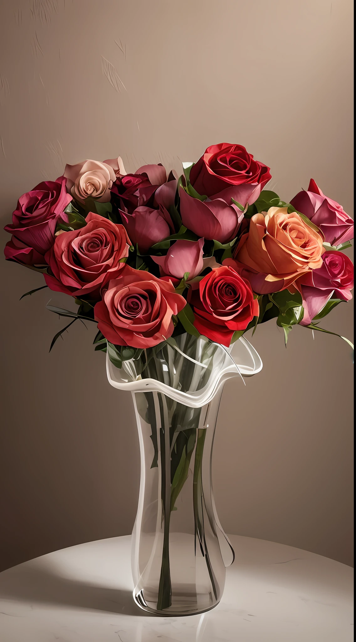 There is a vase on the table,There are pink roses inside, Red neon rose, rosette, small red roses, i dream of a vase flowers, in a short round glass vase, Pink flowers, pink rosa, a few roses, roses in cinematic light, natural point rose', vibrant pink, decorative roses, some pink, elegant flowers, rose twining, Abstract smoked rose