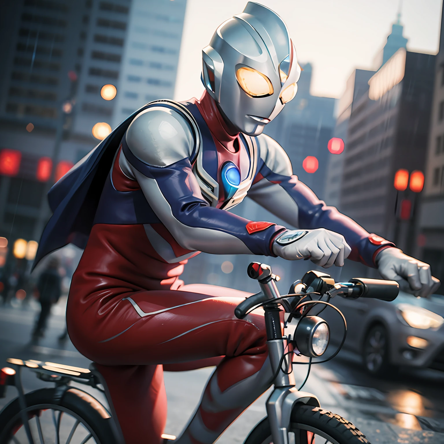 1BOY riding bikes suburban street storm and rain, (masterpiece:1.2) (photorealistic:1.2) (bokeh) (best quality) (detailed skin:1.3) (intricate details) (8k) (HDR) (cinematic lighting) (sharp focus) ALIEN.TOKUSATSU.GLOWING EYES