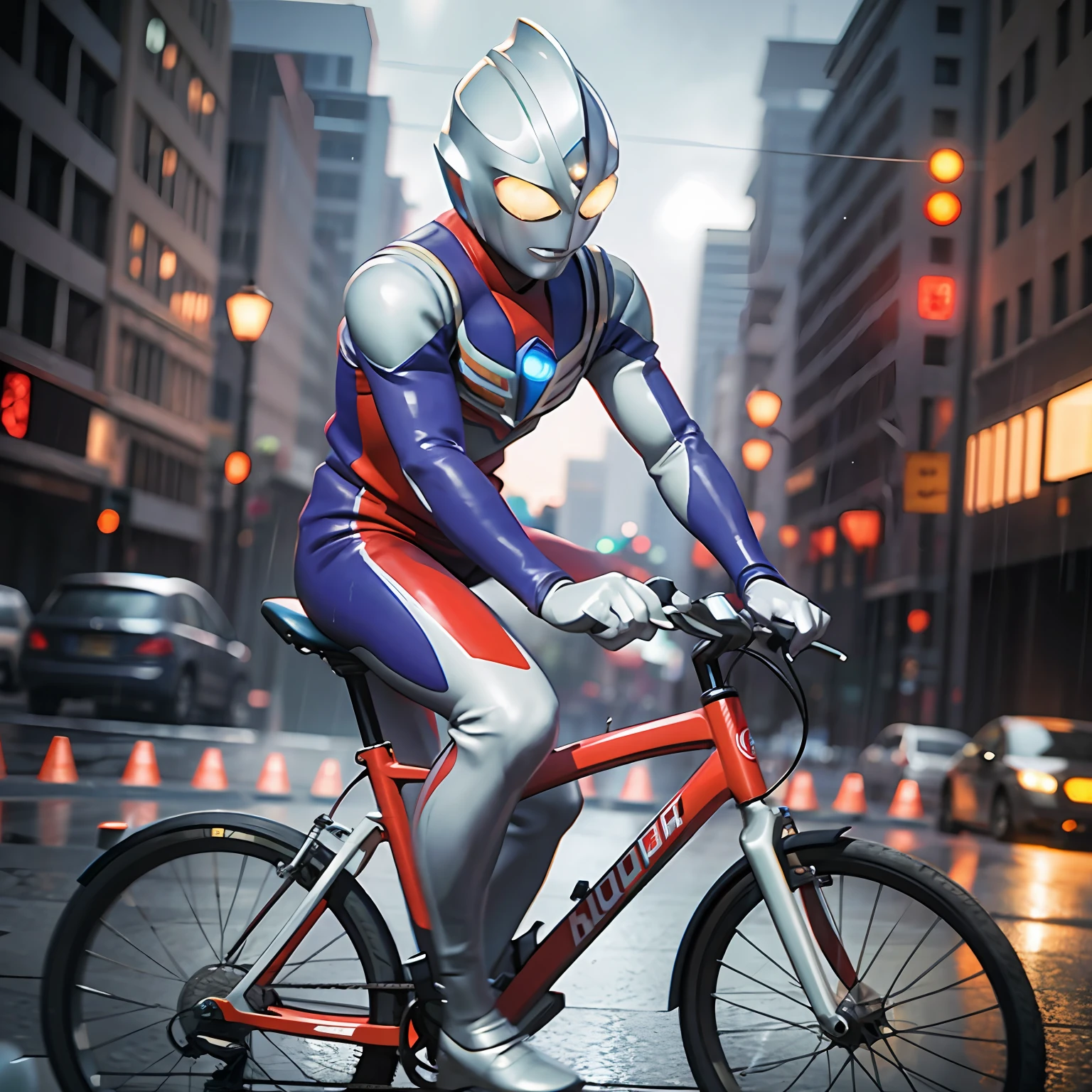 1BOY riding bikes suburban street storm and rain, (masterpiece:1.2) (photorealistic:1.2) (bokeh) (best quality) (detailed skin:1.3) (intricate details) (8k) (HDR) (cinematic lighting) (sharp focus) ALIEN.TOKUSATSU.GLOWING EYES