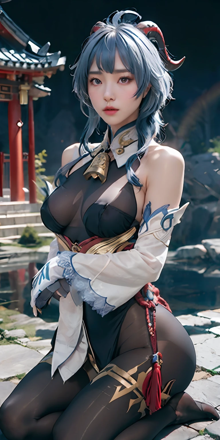 masterpiece, (photorealistic:1.5), best quality, beautiful lighting, real life, ganyu \(genshin impact\), 1girl, ahoge, architecture, bangs, bare shoulders, bell, black gloves, black pantyhose, (blue hair), blush, breasts, chinese knot, detached sleeves, east asian architecture, flower knot, gloves, horns, long hair, looking at viewer, medium breasts, neck bell, night, outdoors, pantyhose, purple eyes, sidelocks, solo, tassel, white sleeves, (ulzzang-6500:0.5) , intricate, high detail, sharp focus, dramatic, beautiful girl , (RAW photo, 8k uhd, film grain), caustics, subsurface scattering, reflection,depth of field,warframe,small breasts,