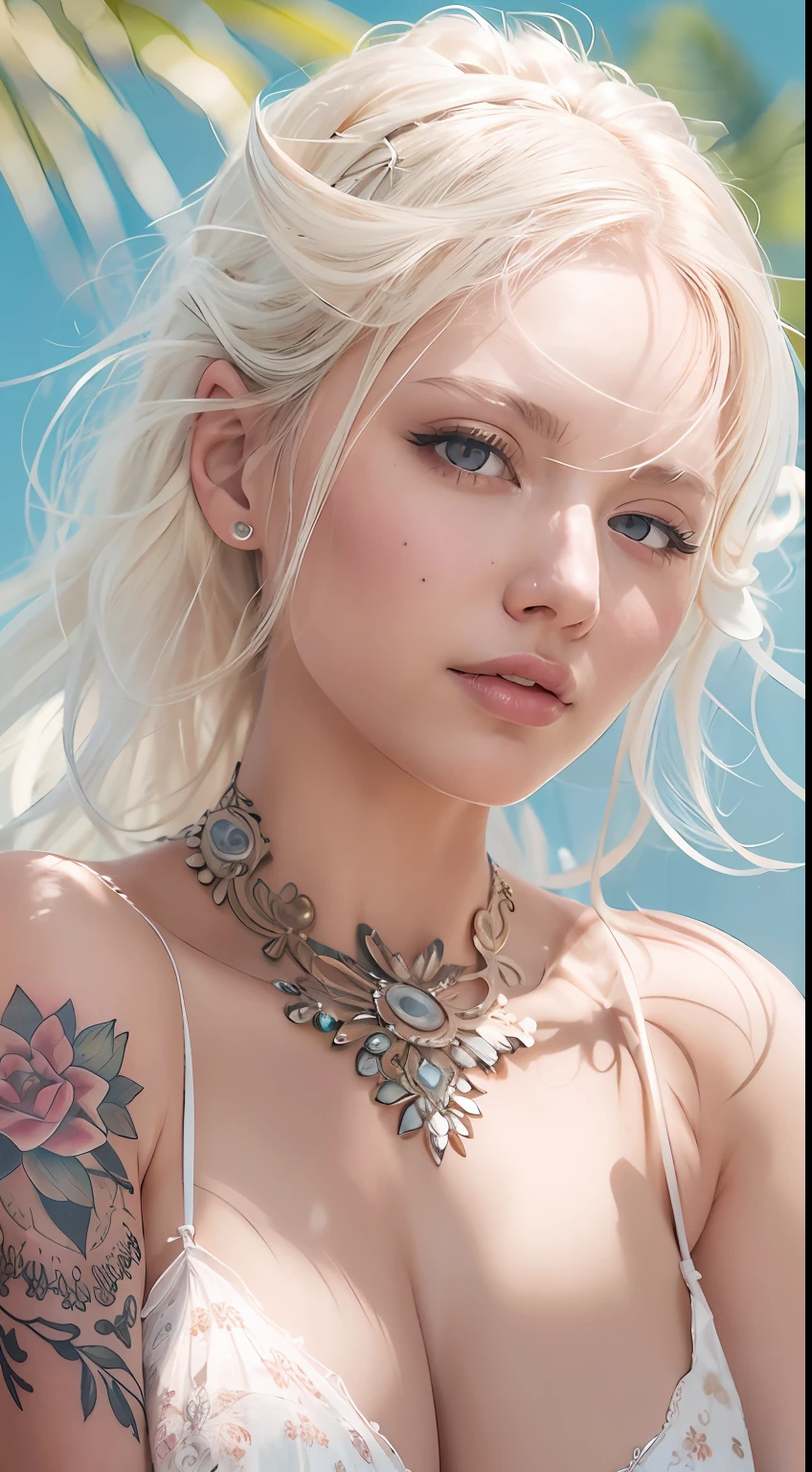NSFW, masutepiece, detailed illustration, of the highest quality, Exquisite, Beautiful hottie albino girl, tattoo, full-body view, fullnude, Exposed, Sunny Beach, Gentle smile, High quality, 8K, Elaborate, unreal enginee 5, ornate, super detailed, Edge lighting, Highly detailed, Fine detail