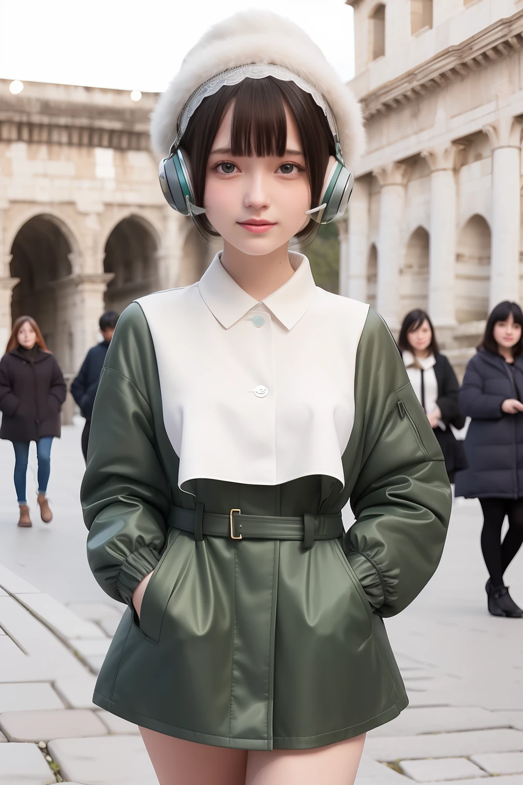 (Masterpiece),(Best quality),(Ultra-detailed), (full bodyesbian:1.2),
2girls,duo,In Castel Sant'Angelo in Rome,navel,winter,Snow,crowd,Cute, Smile, Open mouth,
flower, Outdoors,Jacket, Blush,shirt, Short hair, Cherry blossoms, green headwear, Blurry, Brown hair, Blush stickers, Long sleeves, bangs, Earphone, Black hair,
(Beautiful detailed face), (Beautiful detailed eyes),