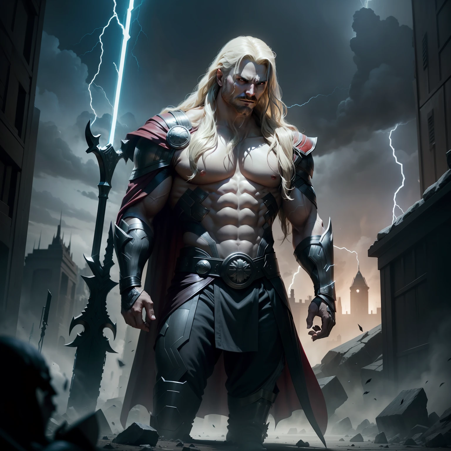 If Thor were a supervillain, his transformation into a malevolent antagonist would introduce a powerful and imposing threat in the Marvel universe.
In this alternate scenario, Thor's iconic red cape and silver armor take on a darker and more menacing appearance. The vibrant colors are replaced with a foreboding combination of black and dark gray, symbolizing the corruption of his once noble and regal persona.
Mjolnir, once a symbol of his worthiness and heroism, now becomes a weapon of destruction, imbued with dark and malevolent energy.
As a supervillain, Thor's godlike powers of thunder and lightning become even more formidable, making him an unstoppable force on the battlefield.
However, as Thor embraces his malevolent path, he loses sight of his noble mission to protect the Nine Realms. Instead, he seeks to conquer and rule over them, imposing his will upon all who dare to challenge him.
His once valiant and honorable demeanor is replaced with a cold and ruthless demeanor, as he becomes a god of war, reveling in battles and seeking to instill fear and submission in his enemies.
As a supervillain, Thor becomes a formidable leader, rallying other dark forces and gods to join his malevolent cause. Together, they form a fearsome army that poses a significant threat to the entire universe.
In this dark narrative, the Avengers and other heroes must confront the grim reality of facing one of their own, a former ally turned malevolent foe.
The transformation of Thor into a supervillain offers a compelling and intense prompt for an AI storyteller to craft a thrilling and emotionally charged narrative of the fall of a beloved hero, now turned malevolent adversary. It would explore themes of power, redemption, and the consequences of one's choices on the path to darkness.
