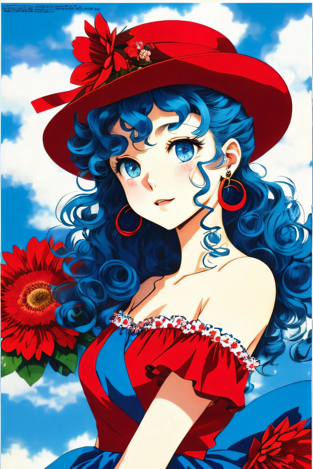 Newspaper background,Curly hair in waves,blue color eyes,Red hat,Petal dress,one-girl,There are earrings,hiyao miyazaki,comic strip,8k,A high resolution