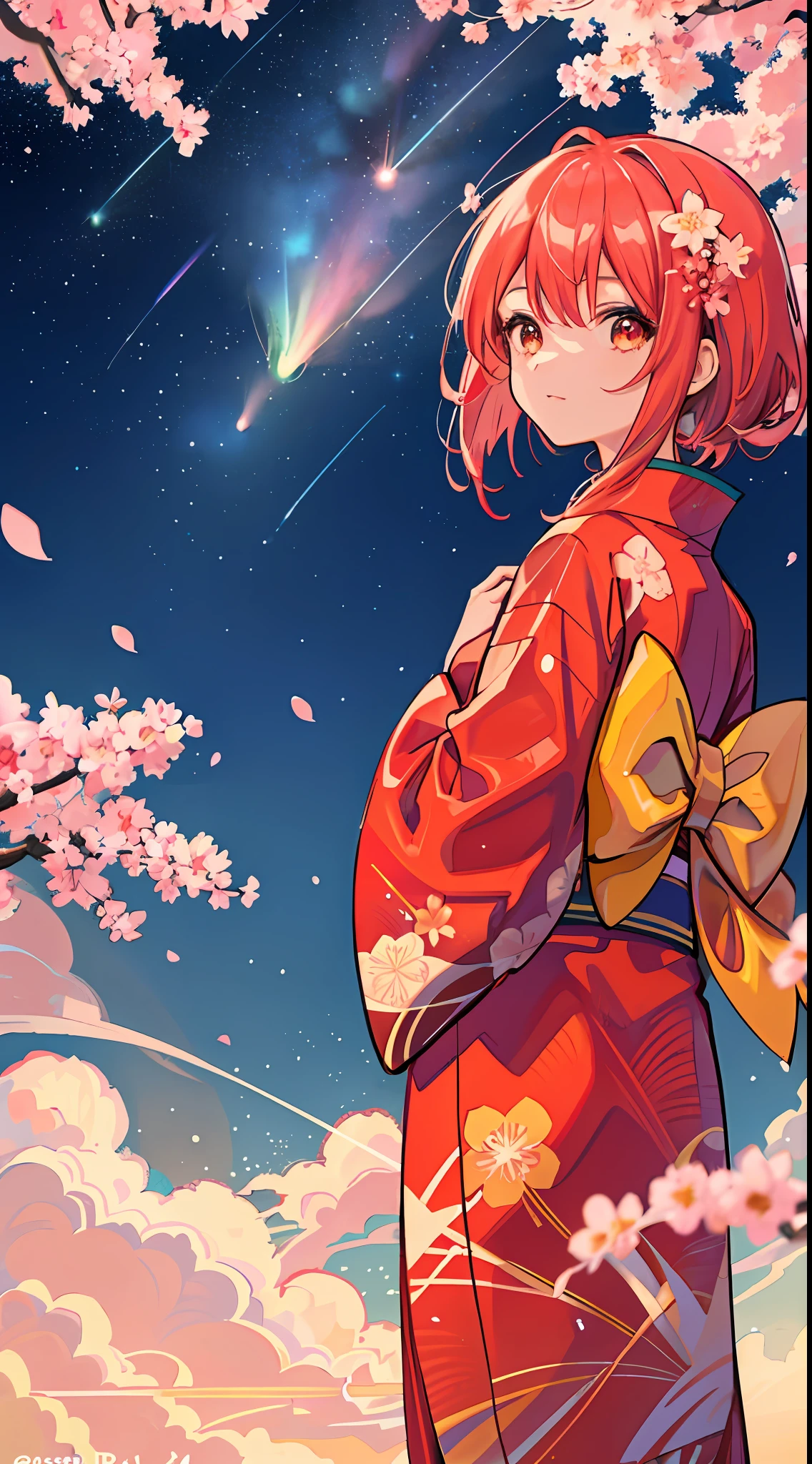 1 girl, distant girl gazing at the stars in kimono, (zoom down: 1.1), (meteor shower: 1.2), (comet: 1.1), your name, low angle, from behind, arctic wild cherry blossoms, shooting stars, yukata, red kimono, cherry blossoms, standing in the field, best quality, masterpiece, clouds, colorful, stars,