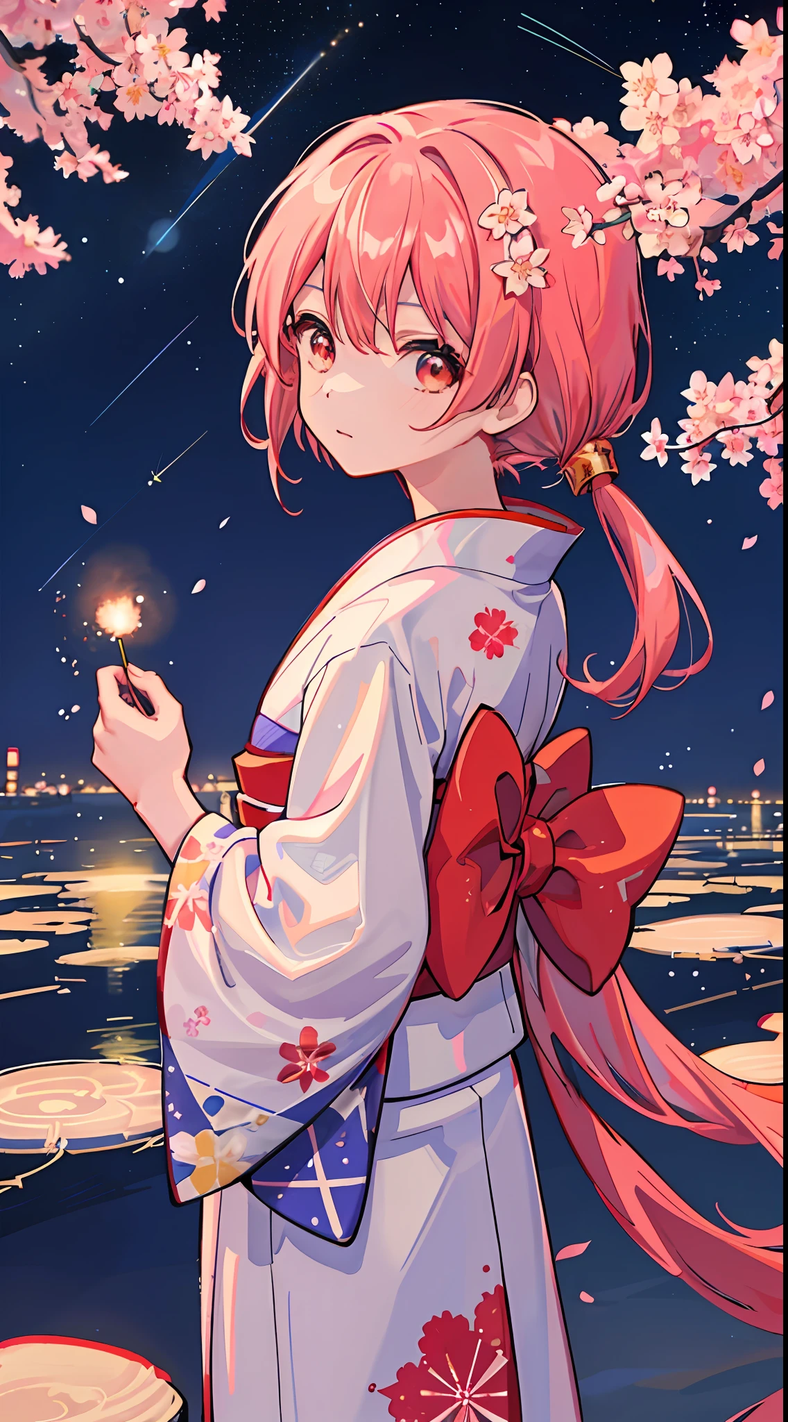 1 girl, distant girl gazing at the stars in kimono, (zoom down: 1.1), (meteor shower: 1.2), (comet: 1.1), your name, low angle, from behind, arctic wild cherry blossoms, shooting stars, yukata, red kimono, cherry blossoms, standing in the field, best quality, masterpiece, clouds, colorful, stars,