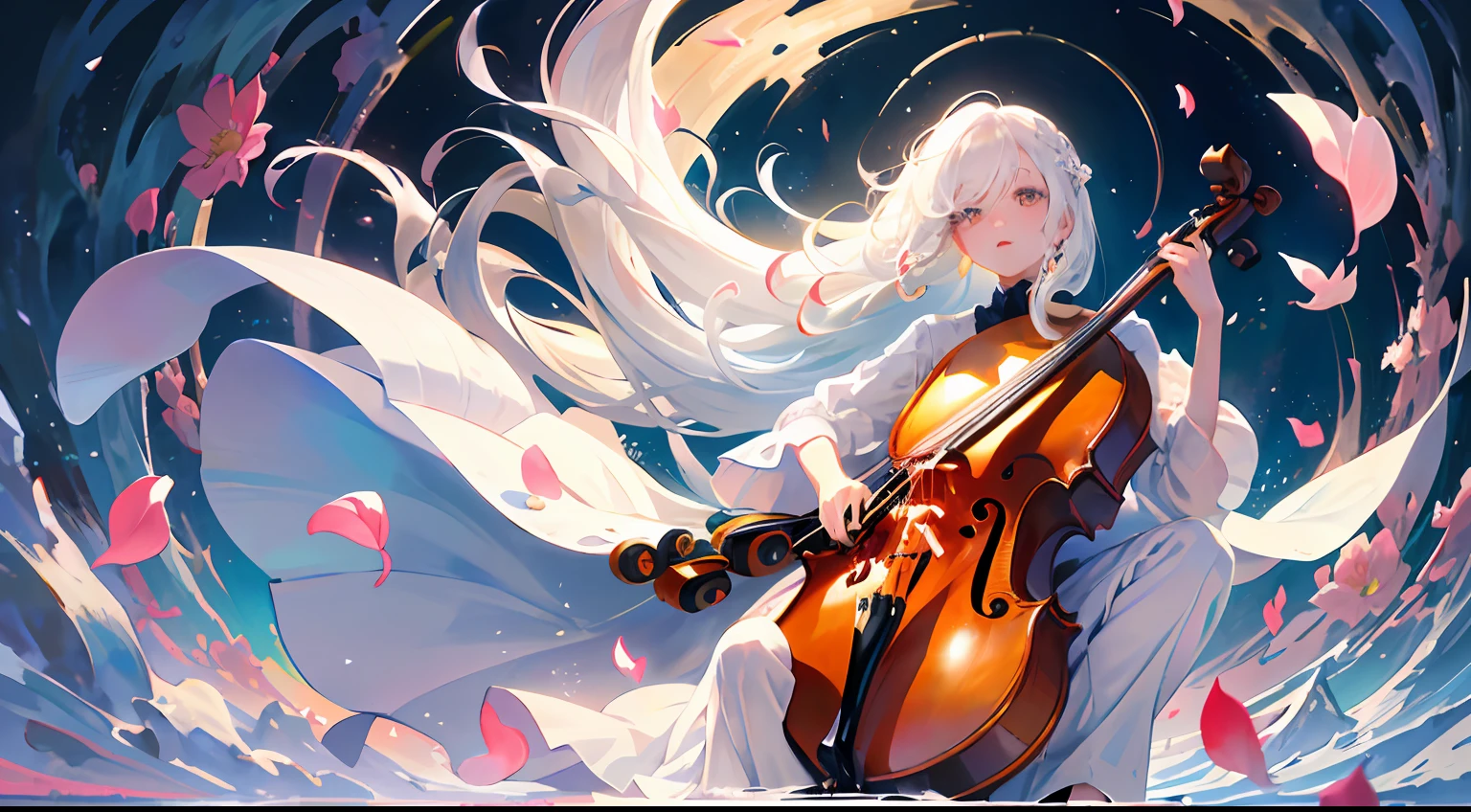 top-quality、​masterpiece、white  hair、Gold Eye、white  clothes、look up to、Hair strands、light skinned、Side braid、((fullllbody))、((lake))、Fantastical、Mystical、(Lots of petals fluttering)、artistic、Long hair fluttering in the wind、Mystical、((cello))、
