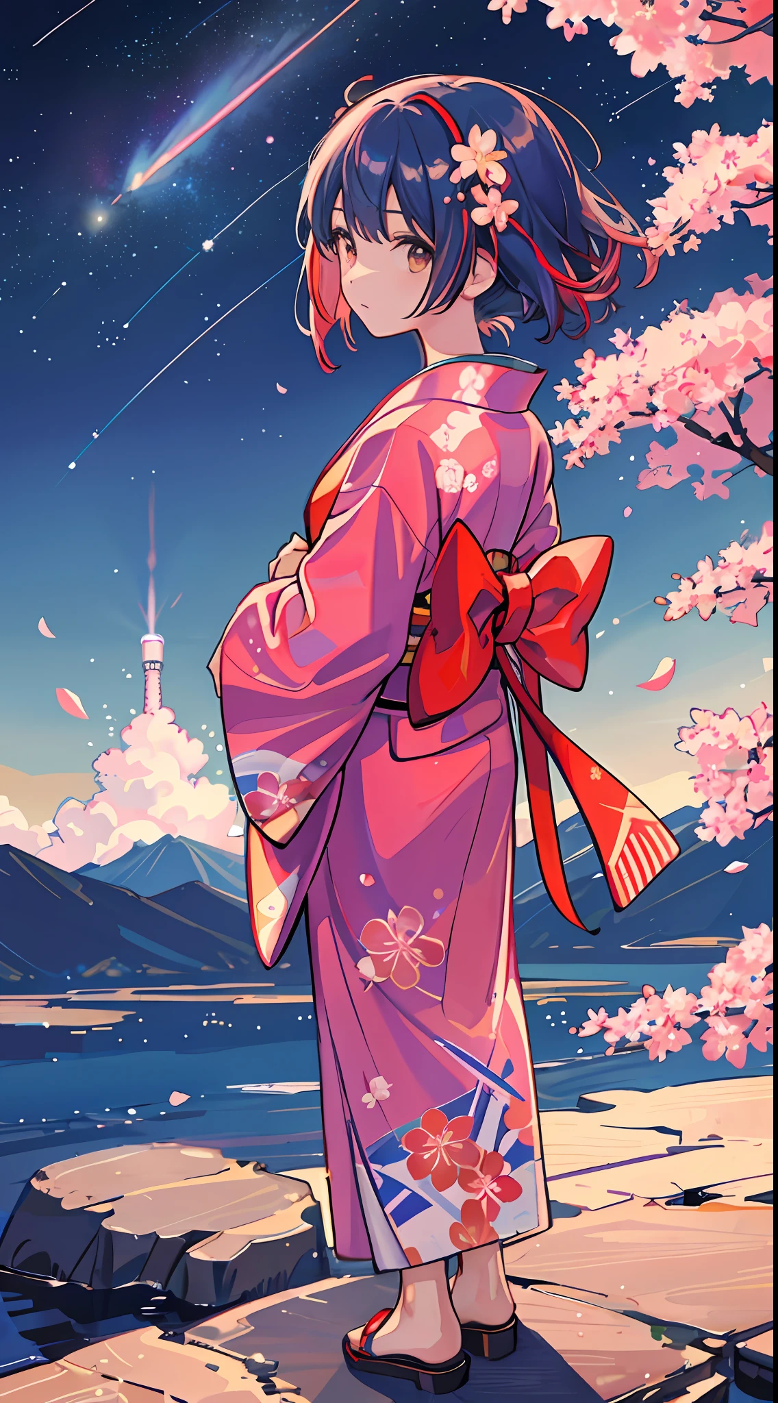 1 girl, distant girl gazing at the stars in kimono, (zoom down: 1.1), (meteor shower: 1.2), (comet: 1.1), your name, low angle, from behind, arctic wild cherry blossoms, shooting stars, yukata, red kimono, cherry blossoms, standing in the field, best quality, masterpiece, clouds, colorful, stars,