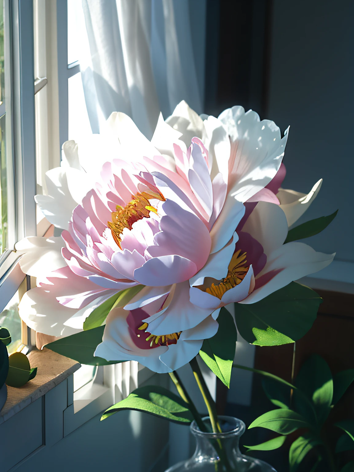 (The background is the balcony:1.4),In the vase is a white flower, Soft morning light. hyper photorealism, Peony flower, glowing delicate flower, Peony flower, sunny morning light, soft light from the window, Soft morning light, elegant digital painting, in the morning light, Soft window light, Plenty of sunshine in the morning, soft sunlight dappling, digital art of an elegant