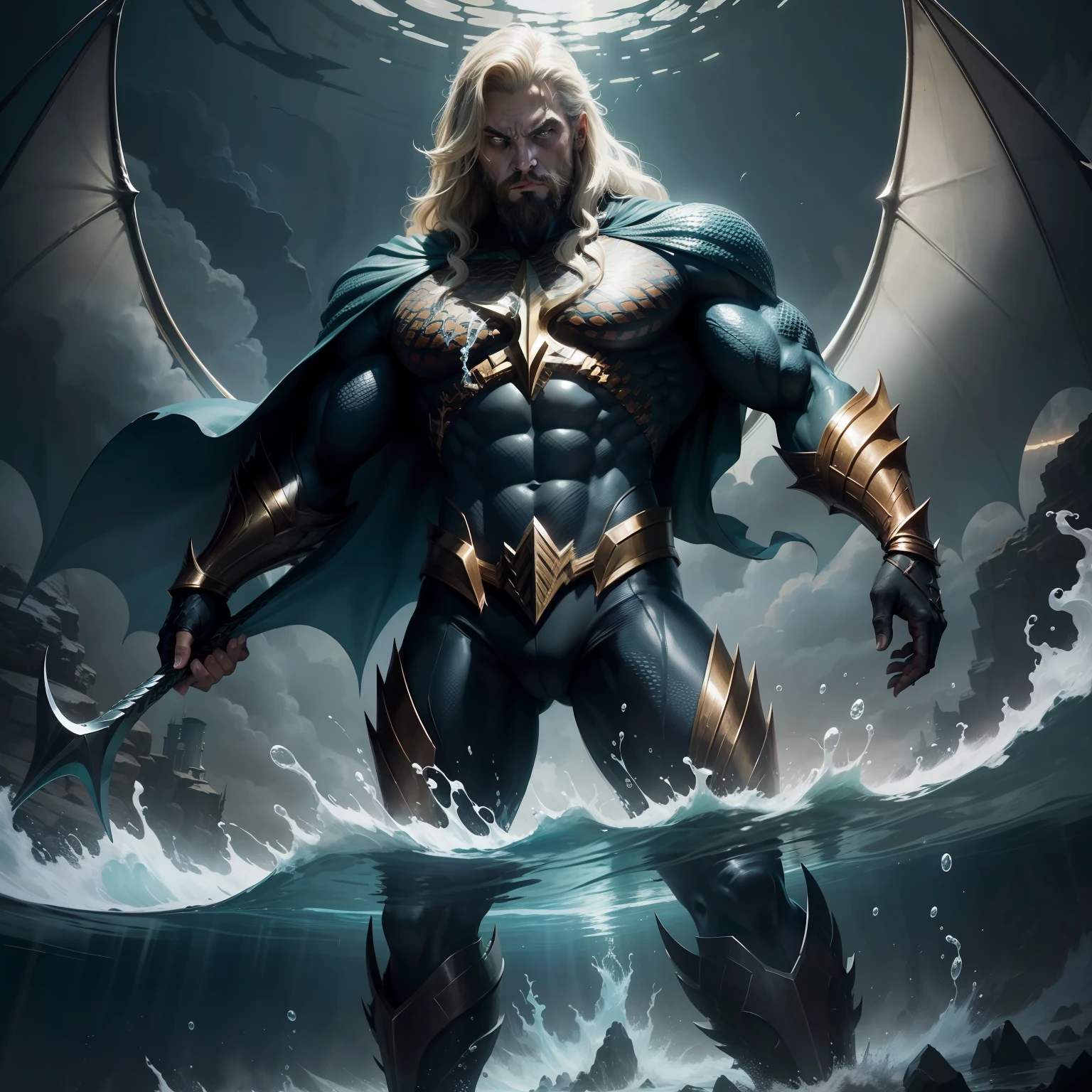 If Aquaman were a supervillain, his transformation into a malevolent antagonist would introduce a formidable and dangerous threat in the DC Comics universe.

In this alternate scenario, Aquaman's iconic orange and green costume takes on a dark and menacing appearance. The vibrant colors are replaced with a foreboding combination of deep sea blues and shades of black, symbolizing the corruption of his once regal and noble persona.

His trident, once a symbol of his kingship and protector of the seas, now becomes a weapon of destruction and conquest, capable of summoning powerful and malevolent forces of the ocean.

As a supervillain, Aquaman's control over aquatic life and water manipulation becomes even more potent, making him a fearsome adversary for any hero who dares to stand against him.

However, as Aquaman embraces his malevolent path, he forsakes his duty to protect the oceans and its inhabitants. Instead, he seeks dominion over the seas, aiming to expand his influence and rule with an iron fist.

His once compassionate and just demeanor is replaced with a cold and ruthless nature, as he becomes a conqueror, seeking to subjugate other underwater kingdoms and surface civilizations.

As a supervillain, Aquaman forms alliances with dark forces of the deep, leading a formidable army of sea creatures and sea-based villains to wreak havoc and chaos on the world.

In this dark narrative, the Justice League and other heroes must confront the grim reality of facing one of their own, a former ally turned malevolent foe.

The transformation of Aquaman into a supervillain offers a compelling and intense prompt for an AI storyteller to craft a thrilling and emotionally charged narrative of the fall of a beloved hero, now turned malevolent adversary. It would explore themes of power, redemption, and the consequences of succumbing to the allure of darkness.