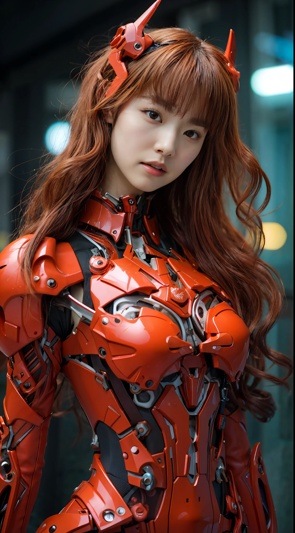 A beautiful Japanese actress,wearing a EVA 03-style Red and orange latex coat,Role playing Asuka Langley Soryu,full-body cosplay,Delicate Face, Stunningly Beautiful, Combat Pose,High Detail Skin, Realistic Skin Detail, Visible Pore,The photograph is taken with a Nikon D850 and a Nikon AF-S NIKKOR 70-200mm f/2.8E FL ED VR lens, using settings of f/8.0 aperture, 1/200 sec shutter speed, and ISO 400, DSLR Camera, High Quality, Fair Skin, Photorealism