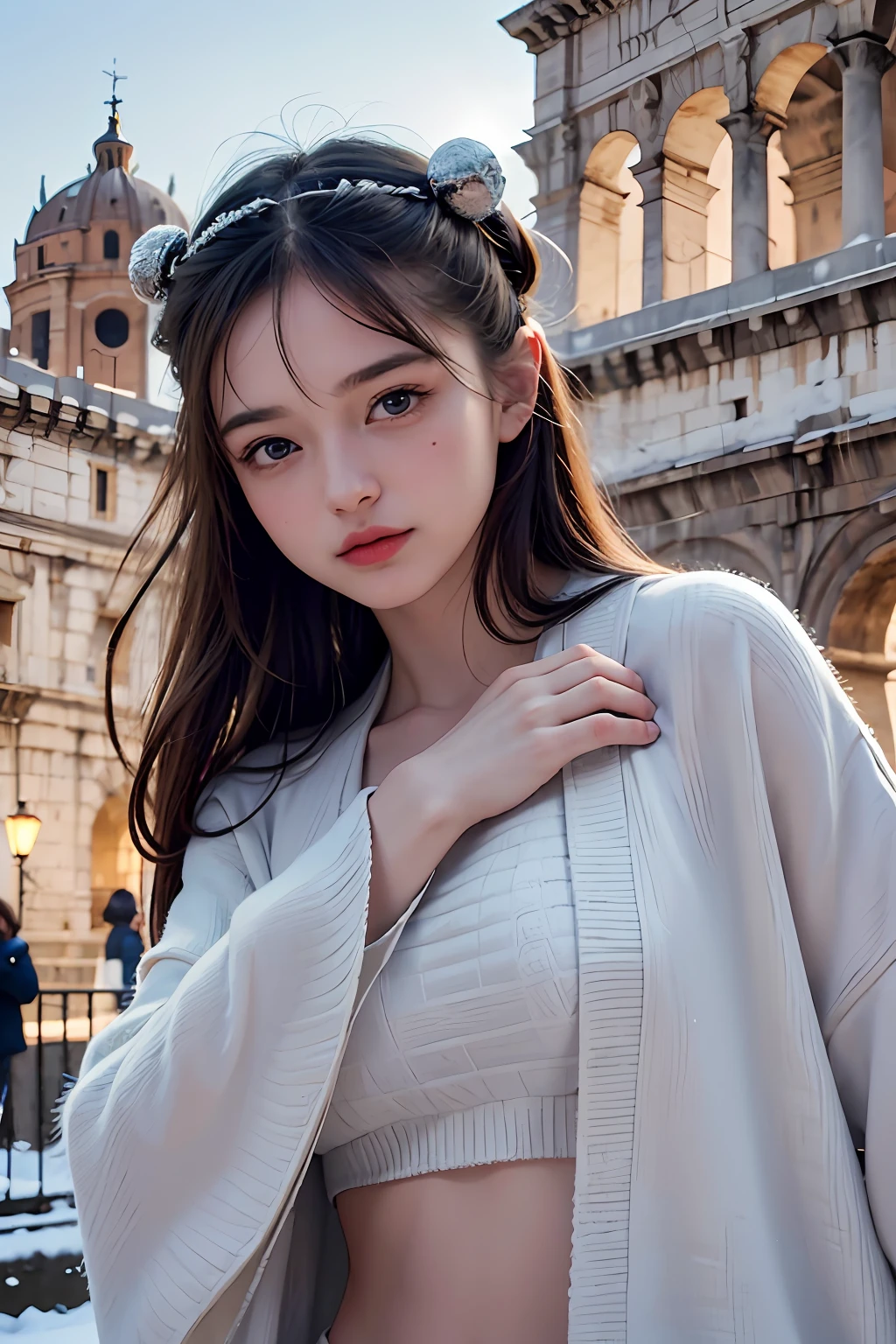 2girls,duo,In Castel Sant'Angelo in Rome,navel,winter,Snow,crowd,city lights,upper body,close-up, 8k, RAW photo, best quality, masterpiece,realistic, photo-realistic,