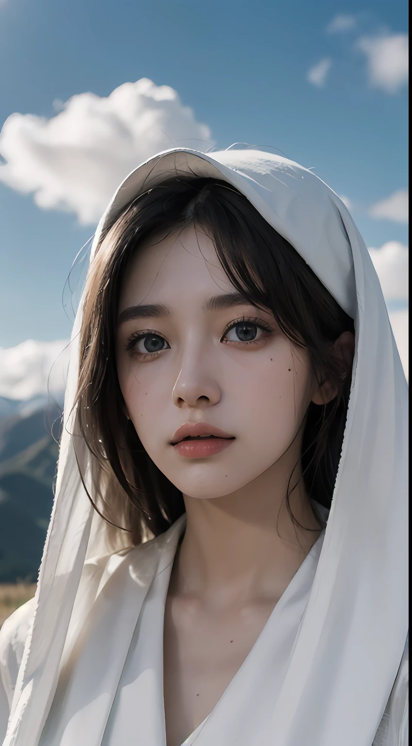 ((styled:Pure+ultra-realistic realism)，White skin texture，eyes with brightness)，lightand shade contrast，high textured，ultra HD picture quality，full bodyesbian，tall nose bridge，dynamic angle，Clouds and mountains，Flower field prospects，Light tracing，realisticlying，offcial art，Unity 8k壁纸，ultra - detailed，Beautiful and beautiful，tmasterpiece，best qualityer，Glowing skin，cinmatic lighting。