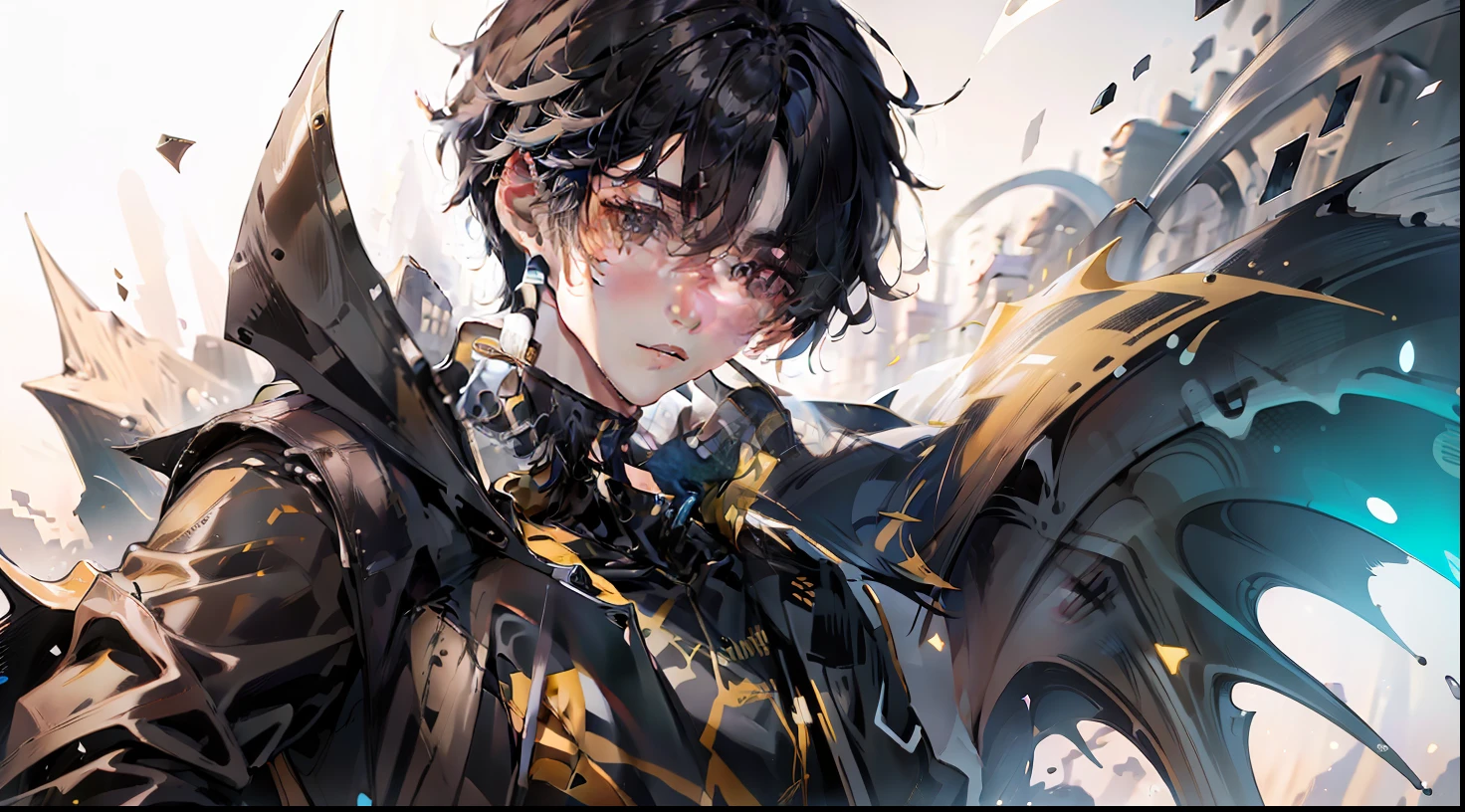 1boy,ling,yelow jaket,sh art hear,black hair,realistis,ultra detail,70mm lens