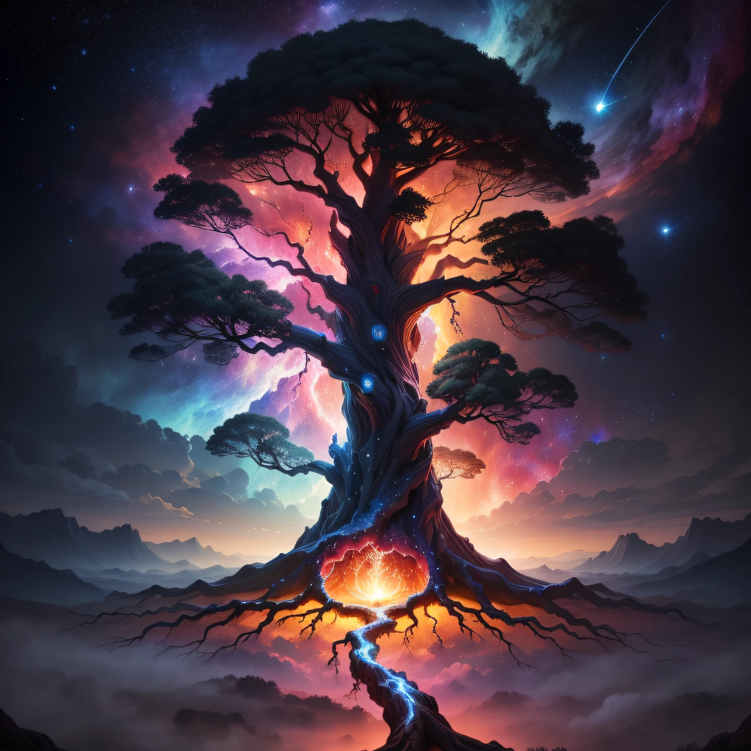 "Produce an artistic representation of the World Tree, its roots delving deep into the colorful gases of a celestial nebula, and its branches touching distant stars."