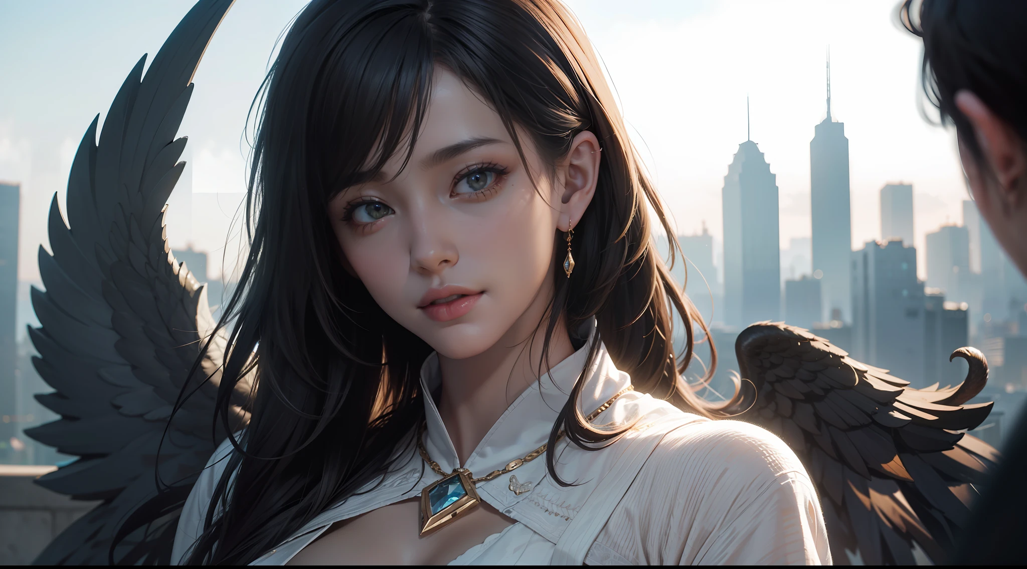 Confident and mature woman，wings of a swan，Large breasts，magnificent robe，complex patterns，Bustling city，rays of sunshine，Natural hair，photorealistic portrait，4K，highest details，highly  detailed，art  stations，Smoothness，Sharp focus，cinmatic lighting，facing at the camera，Dark Studio，edge lit，twotonelighting，Dimly lit，low tune，（（best qualtiy））， （（tmasterpiece））， （The is very detailed：1.3）， Ancient Techniques， hdr（HighDynamicRange）， Ray traching， NVIDIA RTX， Hyper-Resolution， Unreal 5， sub surface scattering， PBR Texture， post-proces， Anisotropic filtering， depth of fields， Maximum clarity and sharpness， Many-Layer Textures， Albedo e mapas Speculares， Surface coloring，Accurately simulate light-material interactions，perfectly proportions，rendering by octane，twotonelighting，Low ISO，White balance，trichotomy，Wide aperture，8K raw data，High-Efficiency Sub-Pixel，sub-pixel convolution，Luminous Particle，Light scattering，Tyndall effect