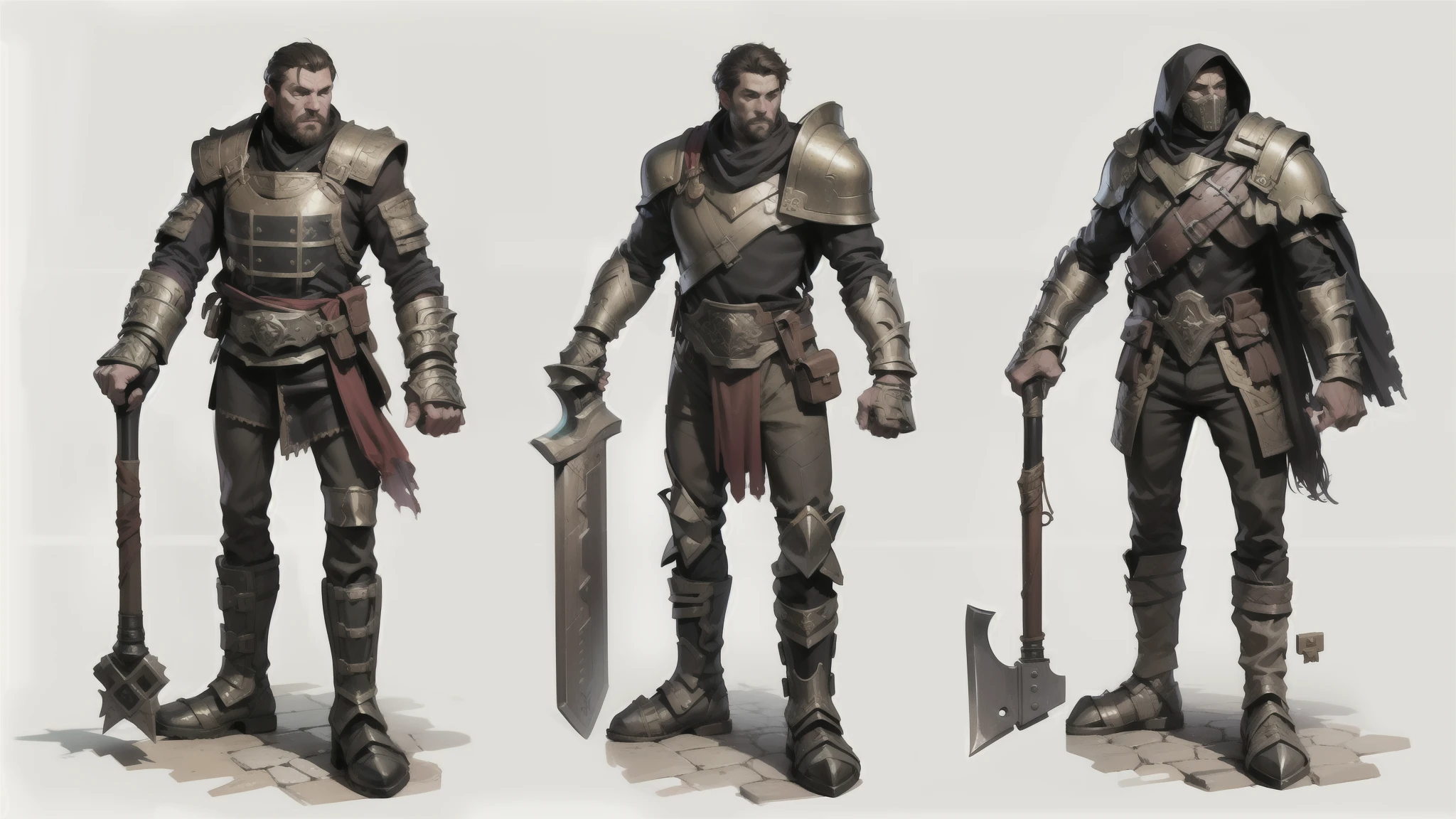 best quality, masterpiece, highly detailed, colored concept art sheet of three characters with weapons and leather and metal armor in a fantasy world, character concept art, warm colors, ultra sharp, realistic rendering, detailed full body, ultra detailed, 8k, trending on artstation, ultra realistic and sharp detail and intricate, intricate details, and style, simple background illustration, white flat background, (red rim light)