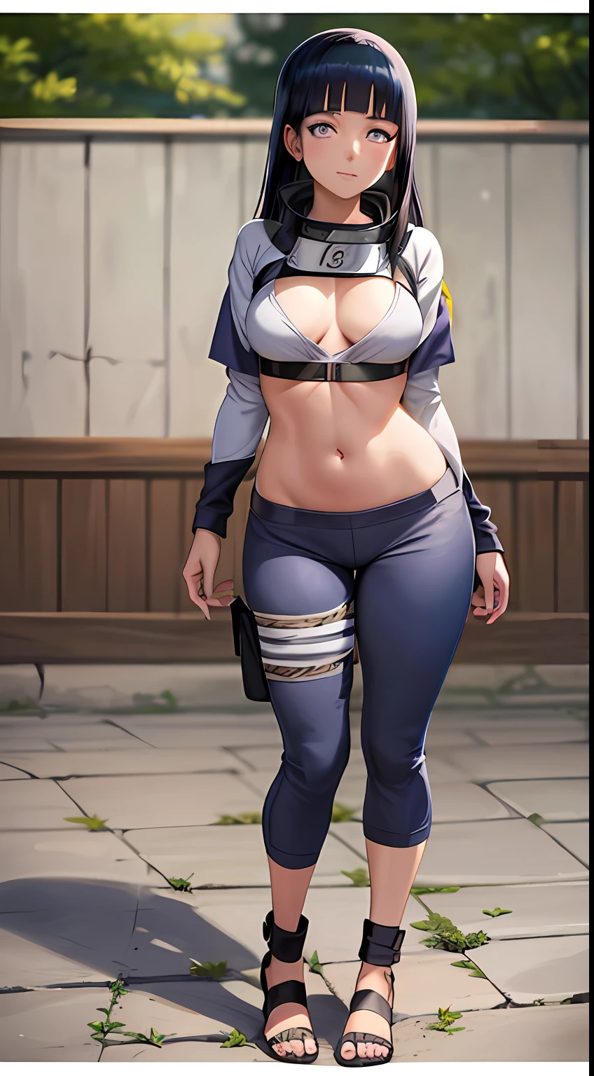obra-prima, Hinata\(Boruto\), obra-prima, alto, alta qualidade, rosto detalhado, render corpo detalhado, 1girl, sozinho, hyuuga Hinata, Hinata-sleevless-outfit, middlebreasts, Small thorax, quadril largo, coxas grossas, top, barriga de fora, top, tampo da rede de pesca, Dark lips, no-bra, seios para fora, Dope, pernas grossas, standingn, de costas, Blushes, (no quarto), tight black legging pants