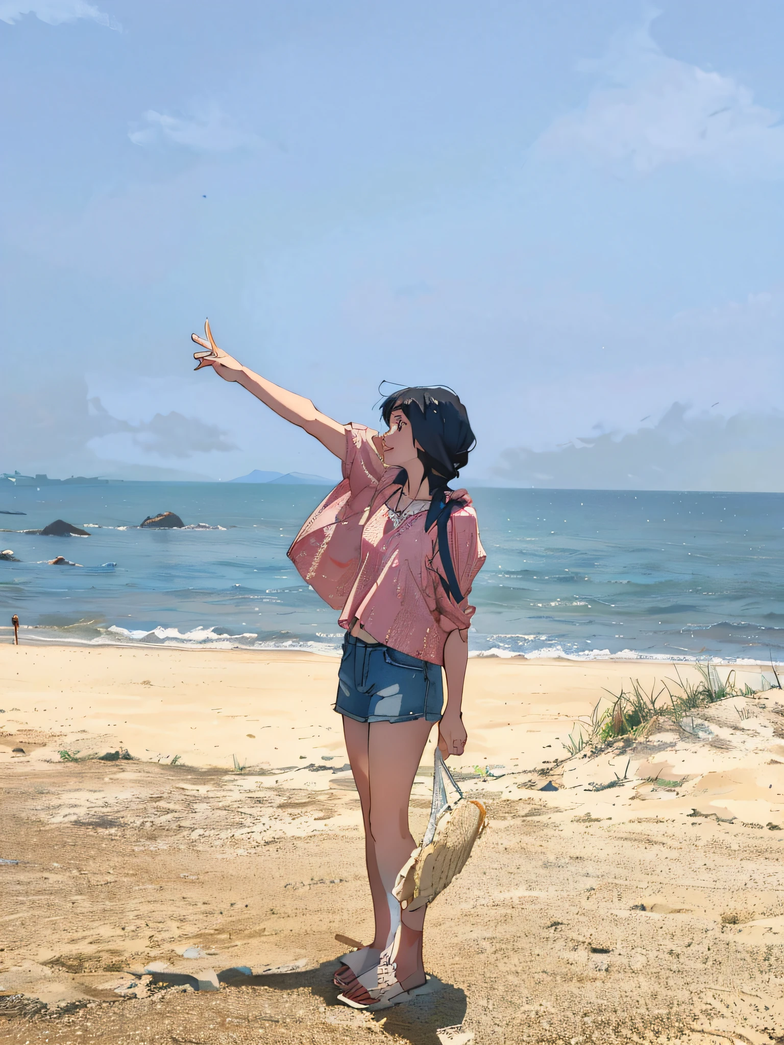 There was a woman standing on the beach,arms out, in the beach, standing at the beach, the ocean in the background, Have by the sea, posing on a beach with the ocean, with big starfish, dang my linh, on the beach, The sea in the background, sunny day at beach, in beach, Have by the sea