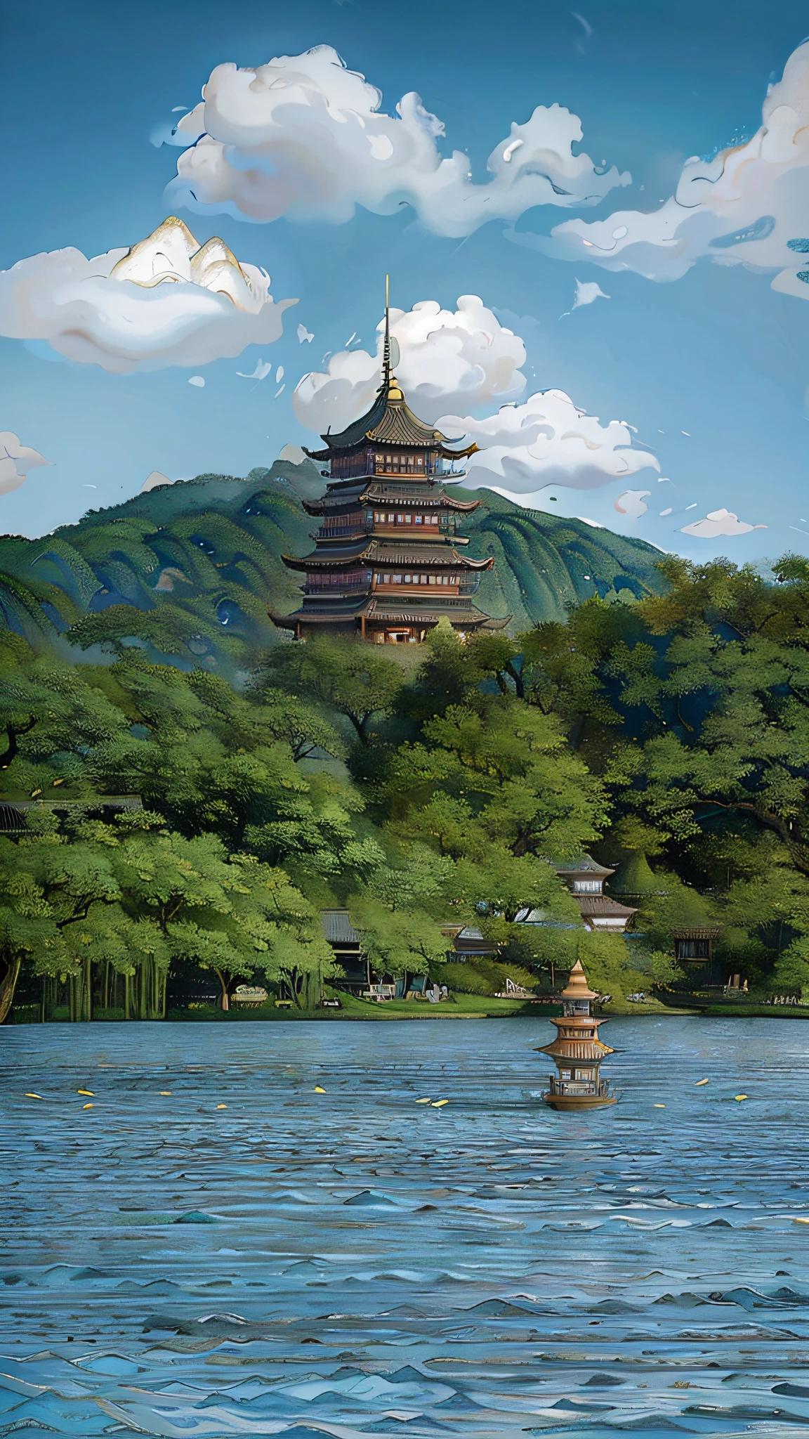 An ancient Chinese painting, ancient Chinese background, mountains, rivers, auspicious clouds, pavilions, sunshine, masterpieces, super detail, epic composition, ultra HD, high quality, extremely detailed, official art, unified 8k wallpaper, Super detail, 32k -- v 6