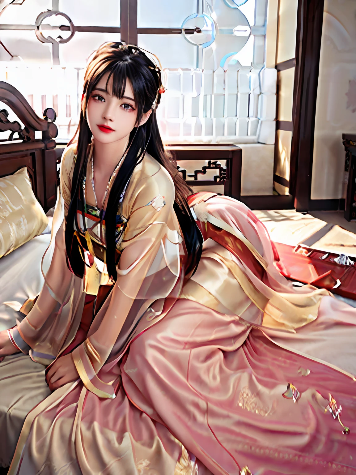 Best quality, masterpiece, high resolution, 1 girl, (Hanfu: 1.2), (gold thread stitching: 1.1), white translucent silk hanpeng, (translucent silk: 1.3), (inside ancient Chinese palaces: 1.2), (fear: 1.1), lips, dress, (hair accessories: 1.2), (ancient Chinese bed: 1.3), long hair, medium chest, delicate beautiful eyes, delicate eyelashes, beautiful face, upon_body, tyndall effect, (Realistic: 1.2), Edge Lighting, Bi-tone Lighting, (High Detail Skin: 1.2), 8K UHD, DSLR, Soft Light, High Quality, Volumetric Light, Snapshot, (Photo: 1.1), High Resolution, Highest, High Resolution, Detailed Eyelashes, Beautiful Face, Body, Tyndall Effect, Two-tone Lighting, (High Detail Skin: 1.2), 8K Ultra HD, Soft Light, High Quality, Volume Lighting, Frank Shot, (Low Angle Shooting: 1.1), (Beautiful Woman Lying in Bed), Sexy, Chivalrous, A Woman Standing in Front of the Bed.