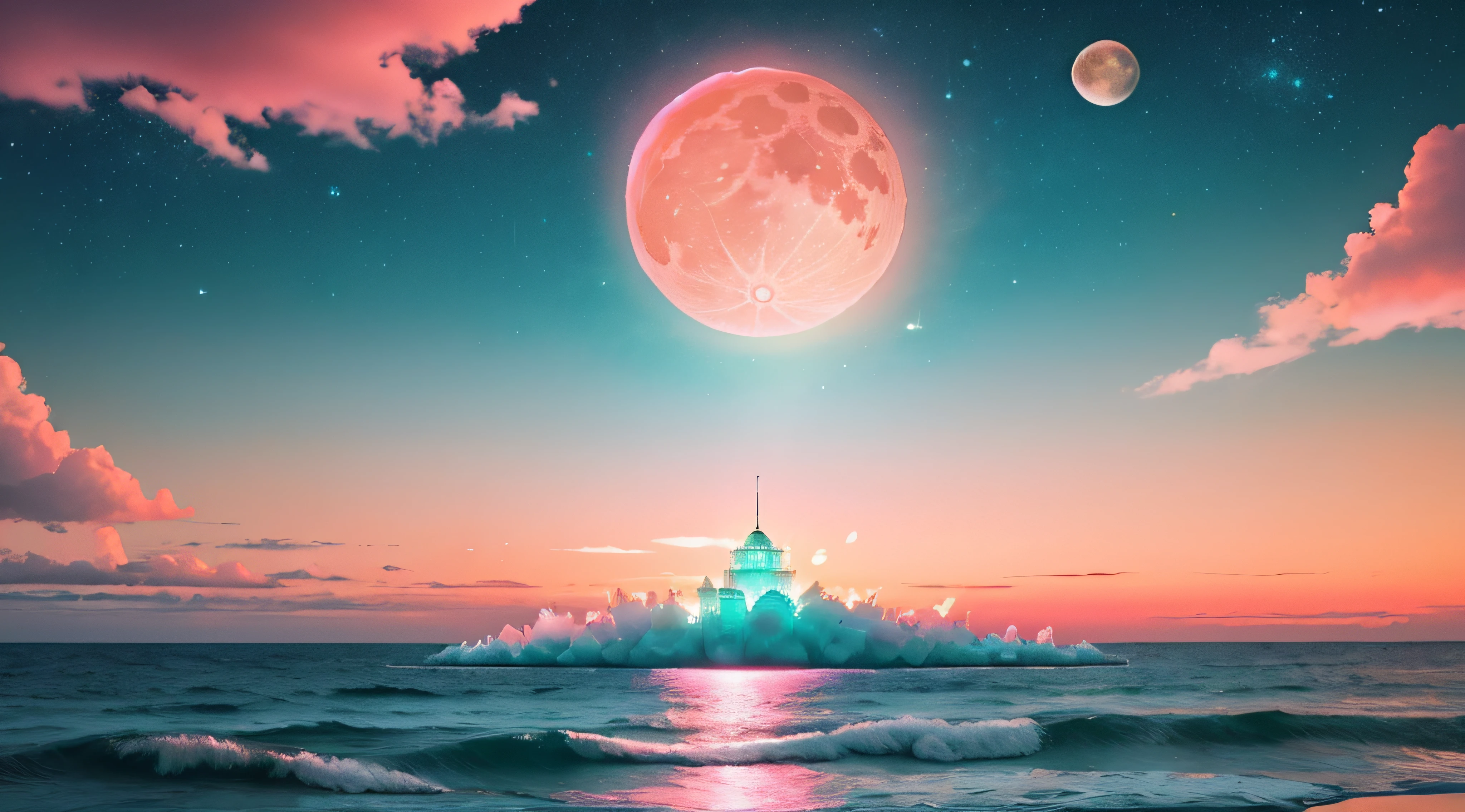 Orange moon, teal sky, soft pink clouds, teal ocean waves sparkling, sparkling, pink roses on pink ocean, fantasy, diamond, crown, universe, soft lights,