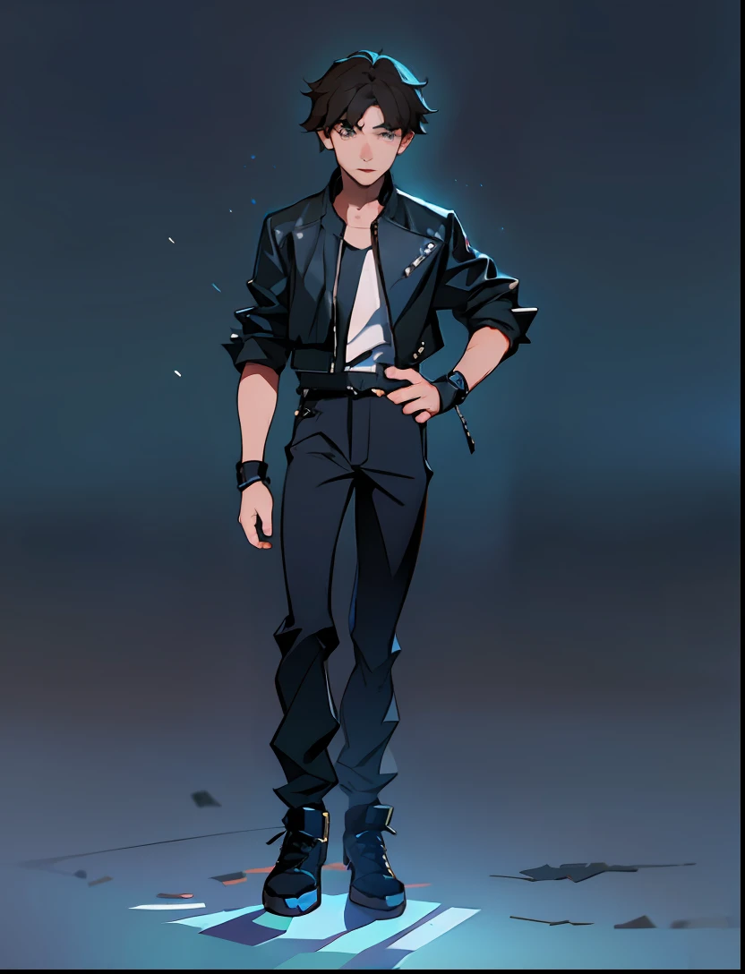 (beste-Qualit, tmasterpiece), 1boy, dark hair and gray eyes, cute boy, blurred background, upper-body, contemporary, leather jacket and t-shirt, skz Hyunjin Ultra Detail, High Resolution, super detaill, Best Quality, Amazing, Top Quality, extremely detailed CG unity 8k wallpaper, movie lighting, ciberpunk, dark boy, beatiful face, ciberpunk, dark boy, two-dimensional, 4k, full - body