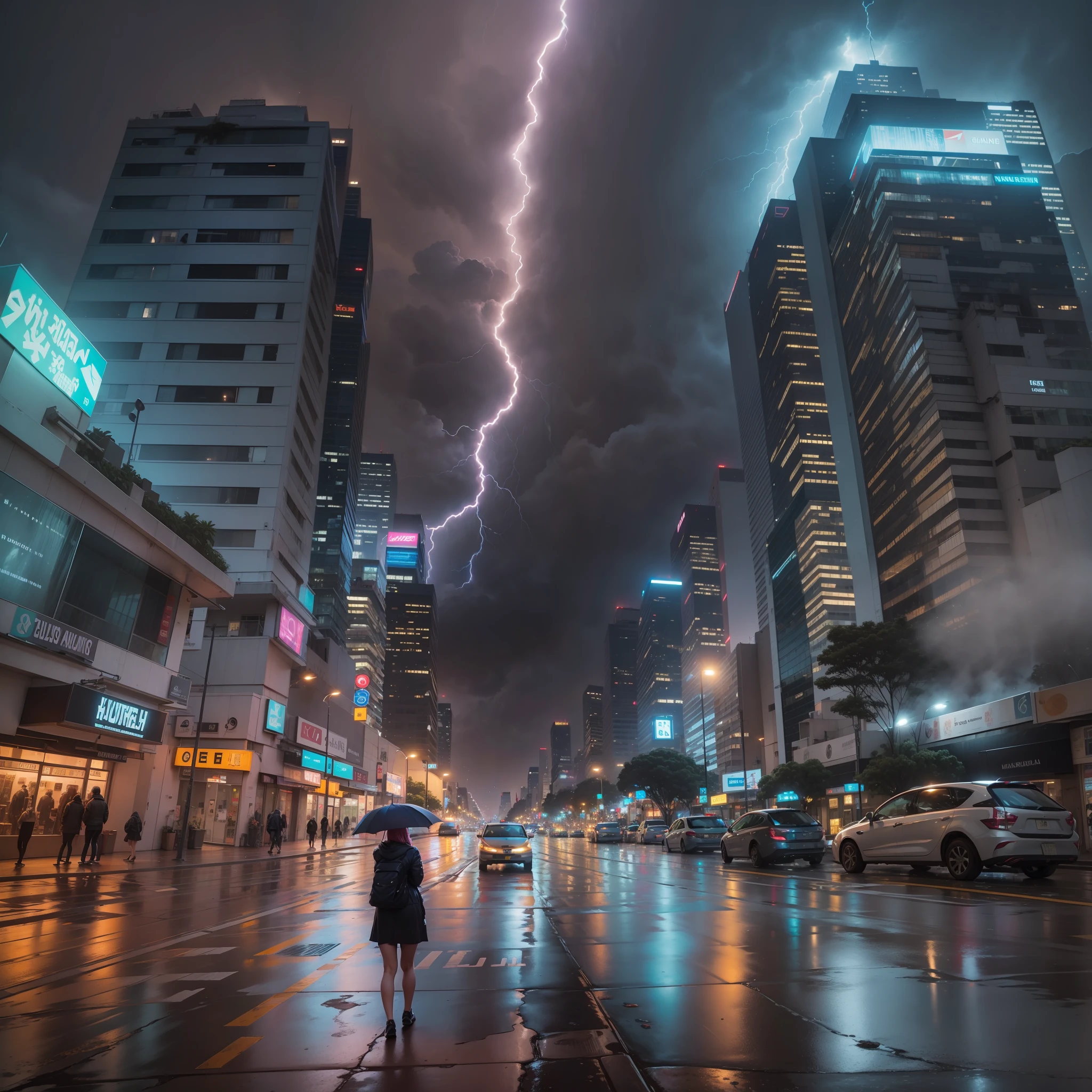 wide-angle view, Uma mulher caminha pela rua com um guarda-chuva na chuva, Vista movimentada da rua, ruas vazias, flickering of street light, Neon skyscrapers, There are lightning strikes in the sky
