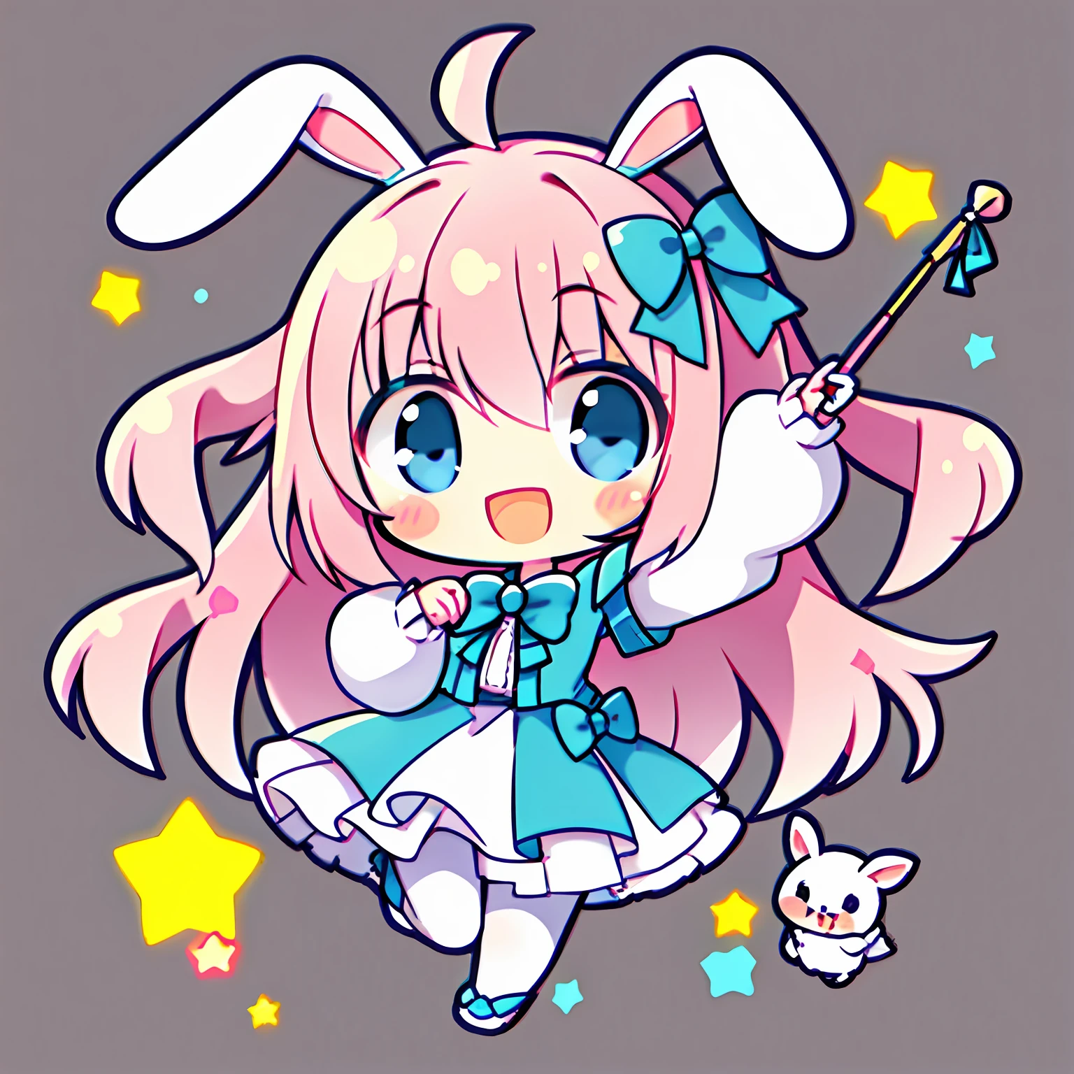 Chibi、1girl in, Animal ears, Aurora colored hair, Long hair, Hareful, Open mouth, Smile, Rabbit ears, Bow, Solo, simple white back ground, Dress, pantyhose, walls, Blue eyes, Looking at Viewer, :D, Full body, nail polish, Striped, Holding, Arm up, Hair Bow, Long sleeves, Puffy sleeves, Aqua Footwear, shoes, blue footwear, Jumping, animal, blush, argyle, Star (symbol), holding wand, bow ribbon,