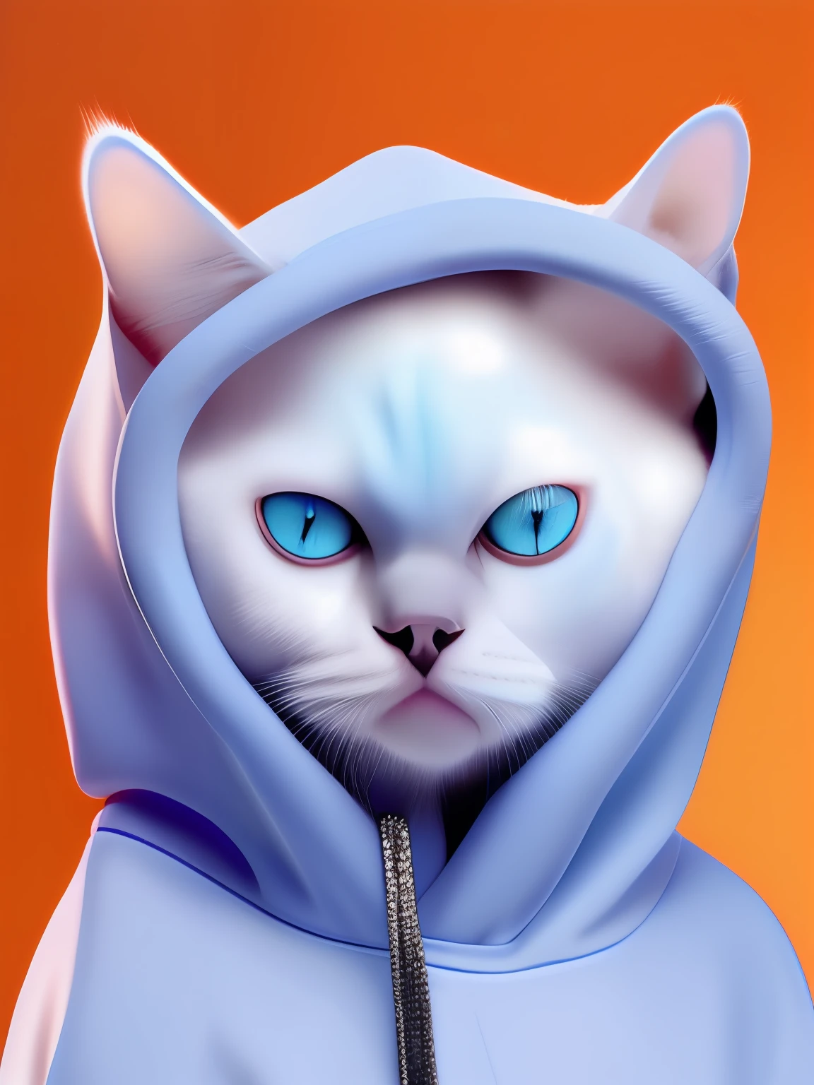 a white cat wearing a blue hoodie with blue eyes and blue eyes