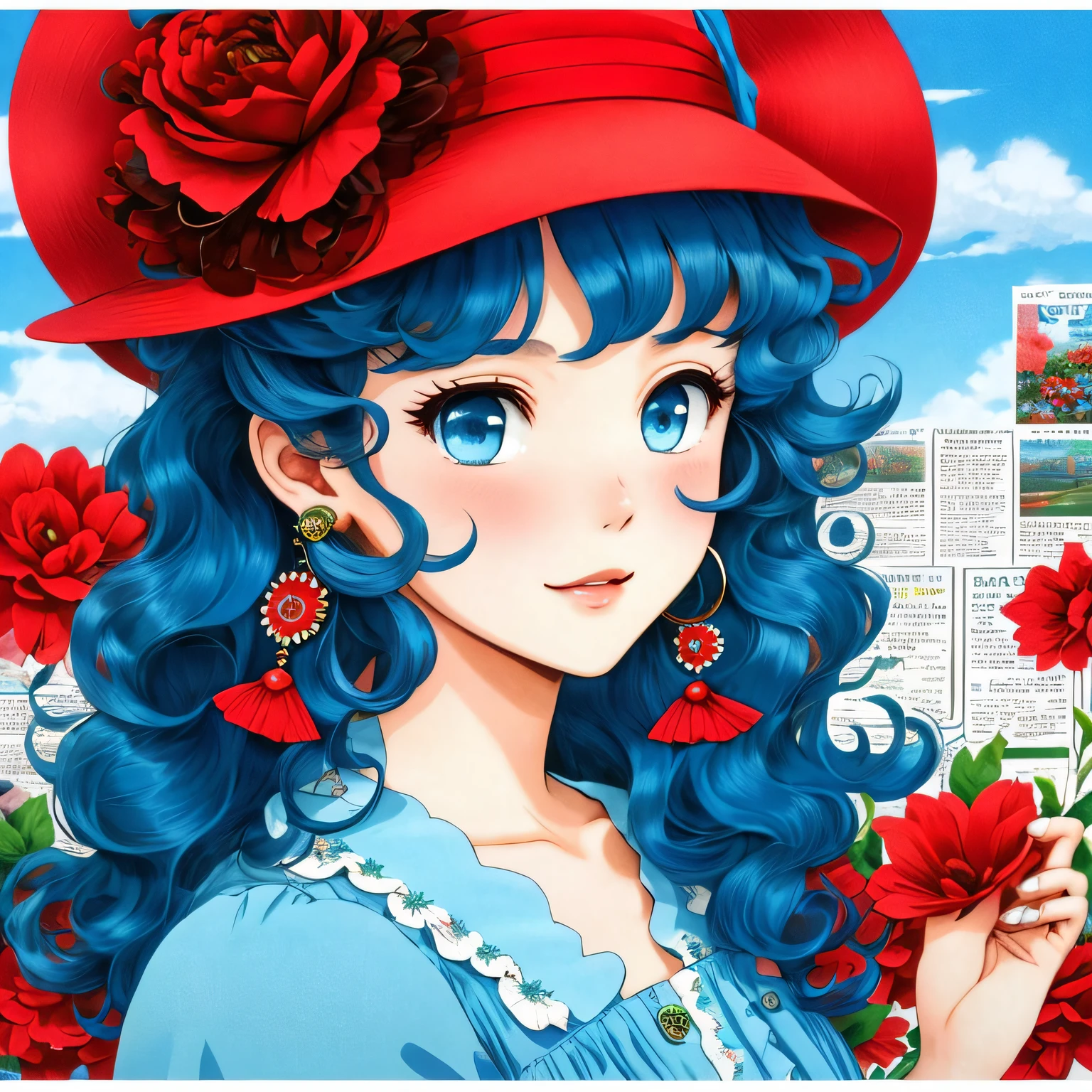 Newspaper background,Curly hair in waves,blue color eyes,Red Hat,Petal dress,one-girl,There are earrings,hiyao miyazaki,comic strip,8K,A high resolution