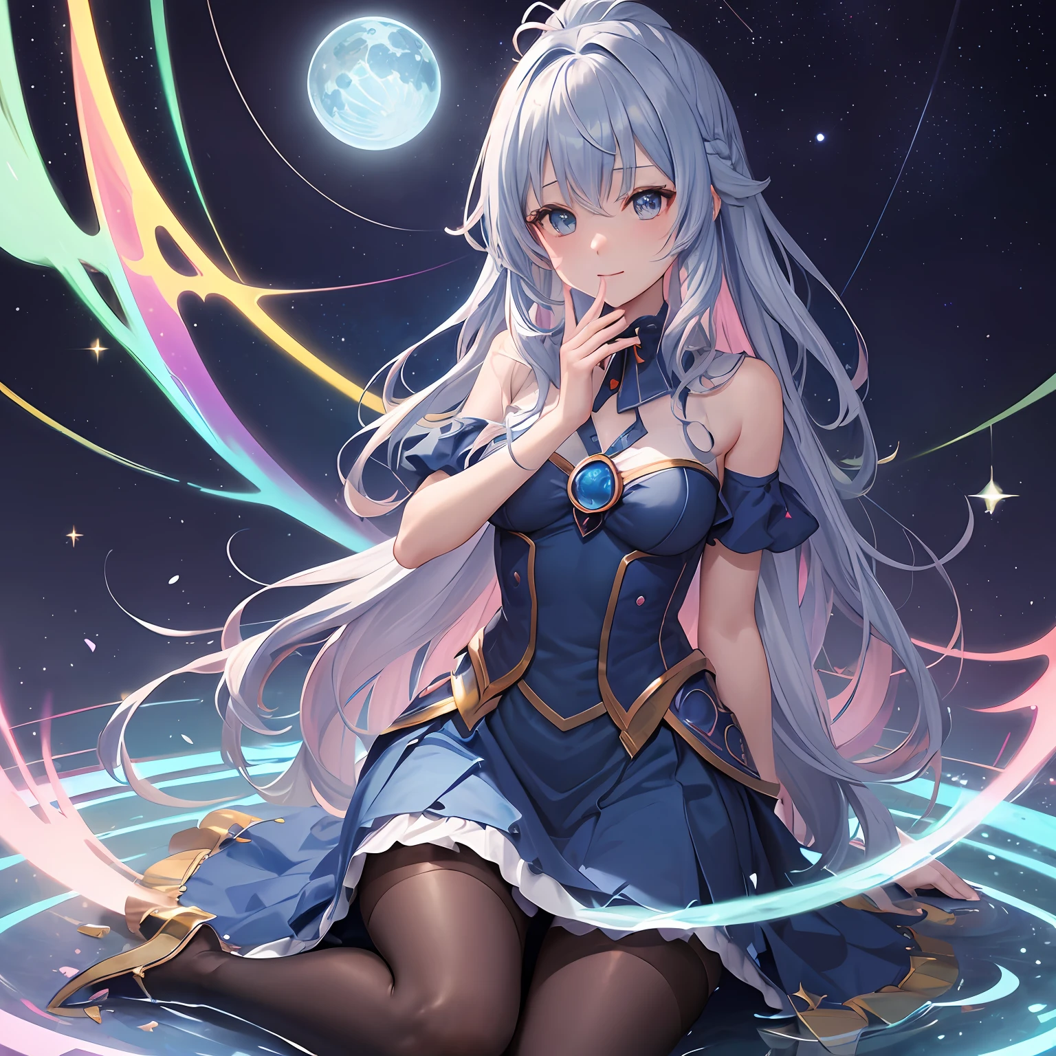 Dark Magician Girl、MKSKS style、2guys、(highly detailed back ground:1.0)、(highly detailed back ground:1.0)、masterpiece、top-quality、An ultra-high picture quality、16 K、high-detail、Blue eyes、From above、Fold your hands in front of you、The upper part of the body、Sitting on the edge of the fountain、Twisting the body、Leaning forward、Hair ornament with emerald、Reddish cheeks、A smile、(1/2 pink and 1/2 Light blue hair、rainbow-colored hair、Ahoge、Curly、Forehead)、(Colorful dress with a lot of draping、Rainbow dress:1.3、lightweight、airy、Soft、Fluffy)、Silver necklace、Silver bracelet、(Ray-like pattern:1.4)、Aurora、night sky full of stars、shooting stars、fullmoon、Radial ray、Soap bubbles、natta、wakame、wakame、wakame、wakame、wakame、wakame、wakame、wakame、wakame、wakame、wakame、wakame、wakame、wakame --auto