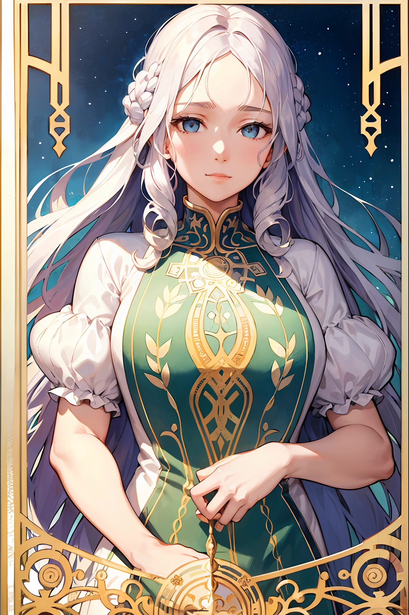 Nordic woman face portrait、Long curly hair、bionde、Plant frame、Decorative panel、abstract  art、By Alphonse Mucha (​masterpiece、top-quality、hight resolution: 1.4)、detaileds、intricate-detail、4K、color splashes、Line Art、Fibonacci、
