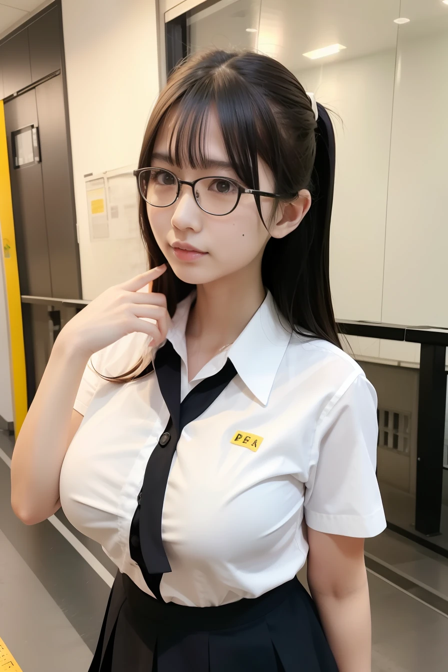 1girl,kurumi,school uniform,2 color eye,black and yellow eye,long hair,background in the school,realistic,ultra detail,4k,super big boobs 15× fold,big hips,japanese school shirt,cute face,beautiful face,super big boobs, big hips,long hair, pretty face open clothes,The button is off, you can see his feet,Japanese uniform, wear glasses
,white panties