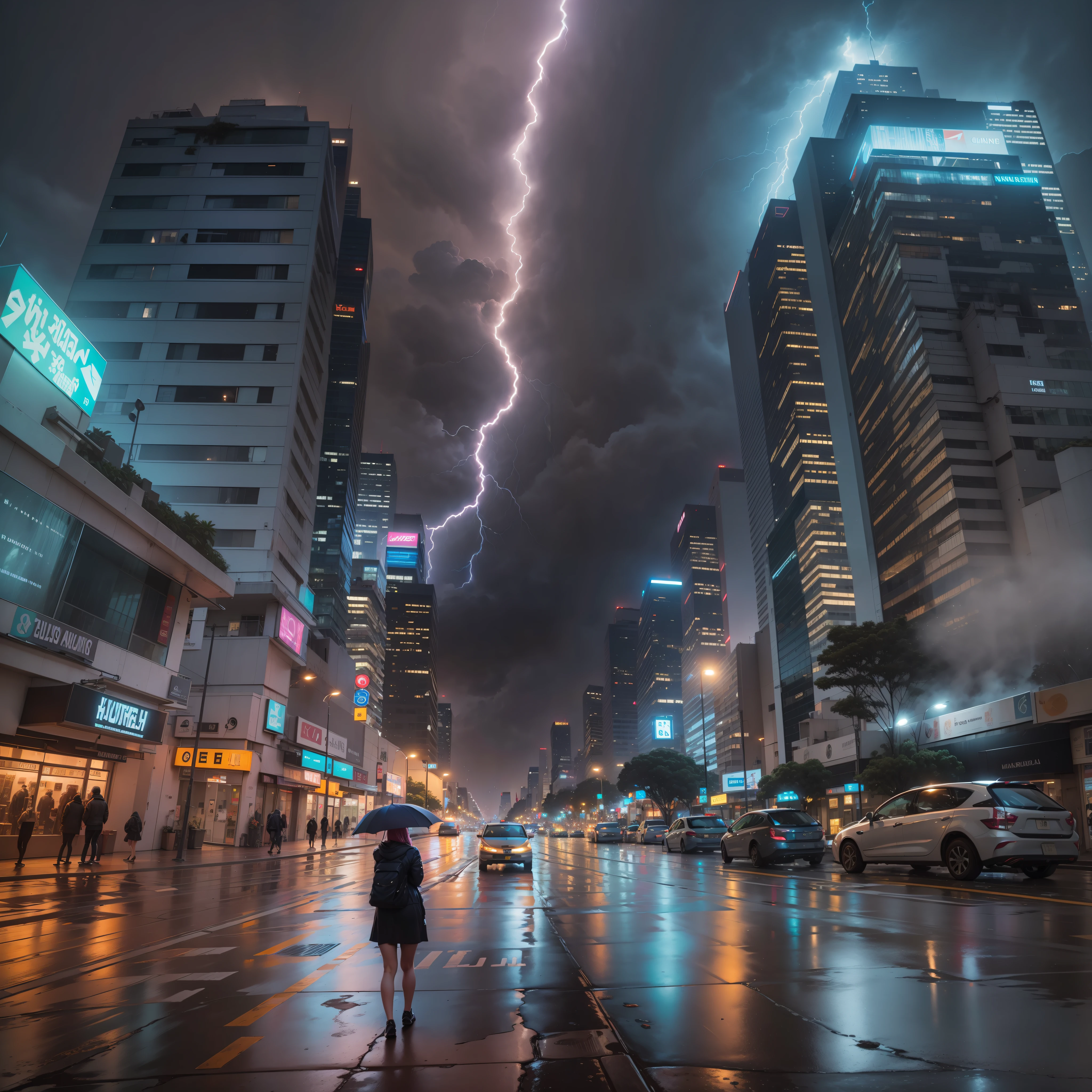 wide-angle view, Uma mulher caminha pela rua com um guarda-chuva na chuva, Vista movimentada da rua, ruas vazias, flickering of street light, Neon skyscrapers, There are lightning strikes in the sky