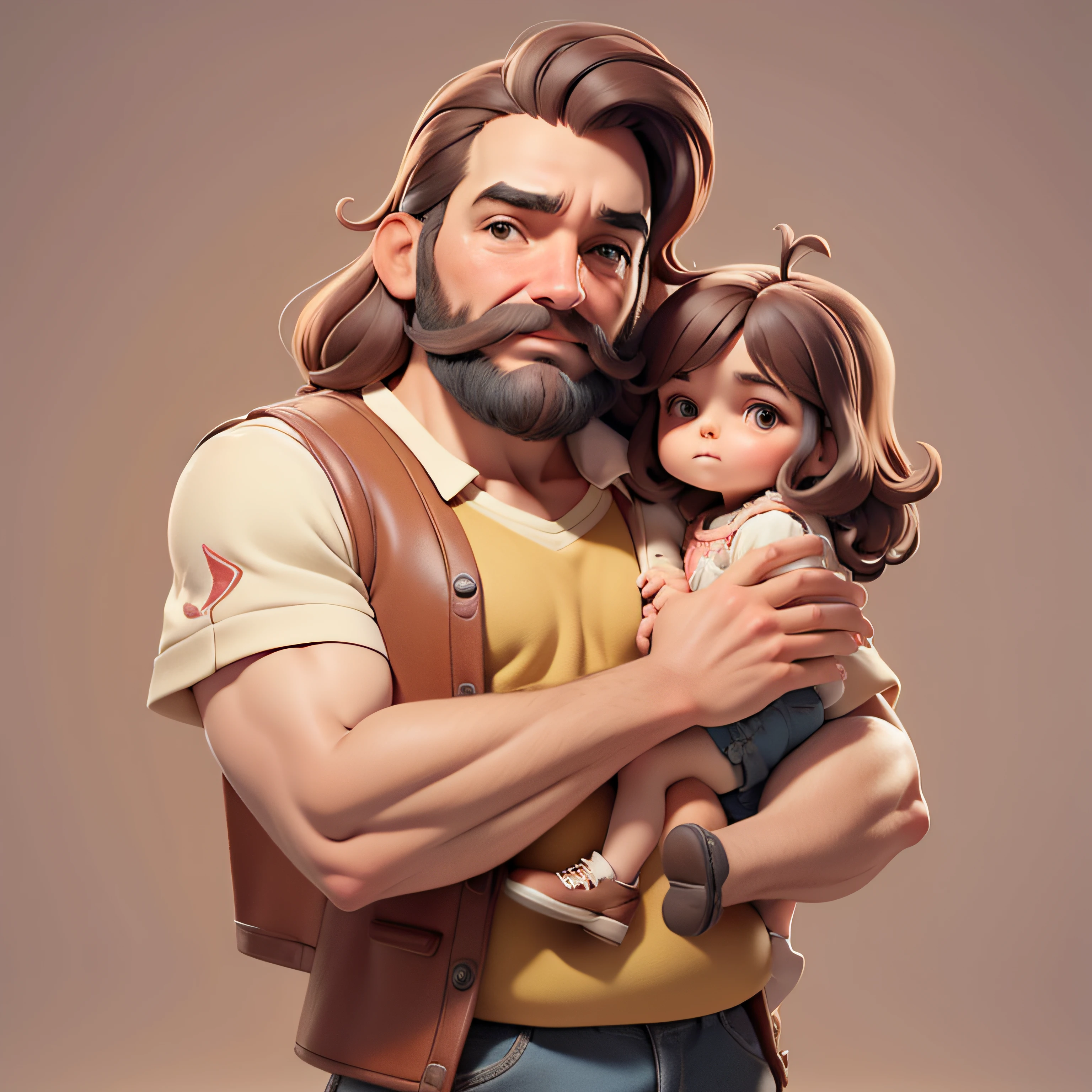 um homem de 40 anos e barba, standing with a small child sitting on your shoulder