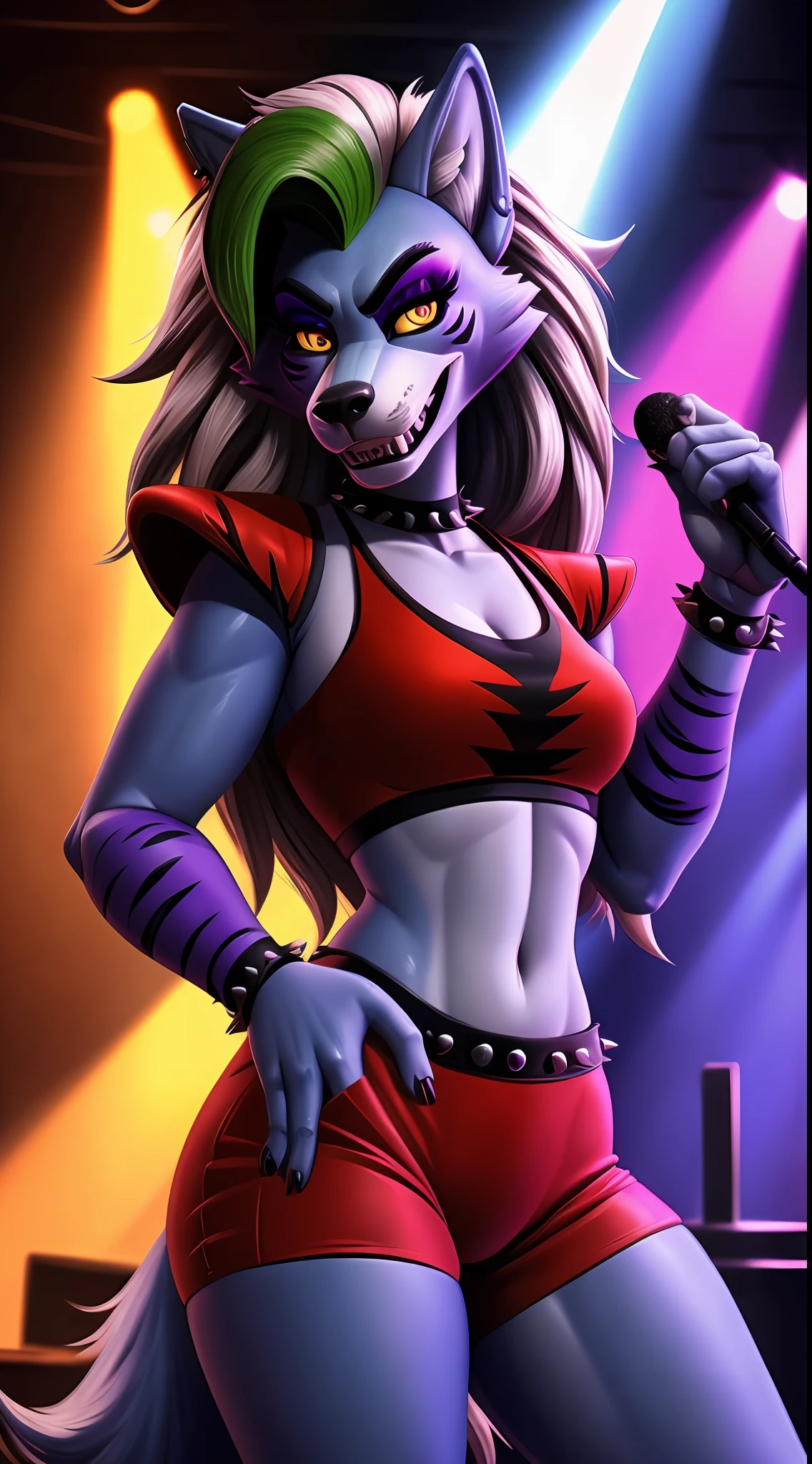 von Personalami, Fnafroxanne, FNAF, Roxanne Wolf, animatronic, weiblich, (detailliert), Ansicht des Betrachters, solo, high resolution, fotorealistisch, gelbe augen, (( teeth showing)) (( mad)), (( mad looking)), ((Evil looking)), ((klare strukturelle Details)), detaillierter Realismus, schlank, hart, 4k, excellent quality, hohe Details, (seductive), cenematic lighting, disco, club, party, scheinwerfer,
