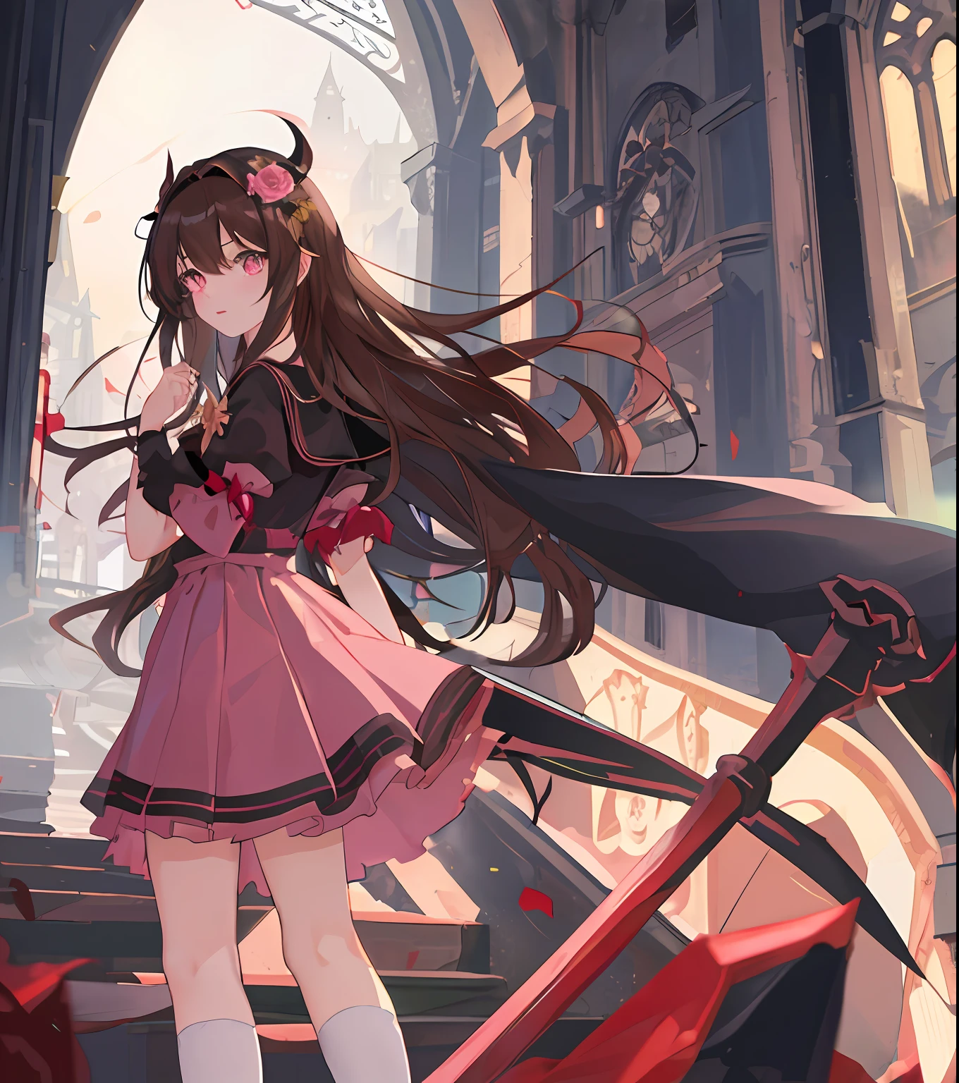 Masterpiece quality，The best quality assurance。A brown hair、Cute girl with golden eyes。Tsundere，Wearing a short Gothic skirt，Exudes magic，With a rose headdress，Pink gradient dress，Long hair flutters in the wind，Naughty，adolable，devil horns，In the daytime，divino，white church