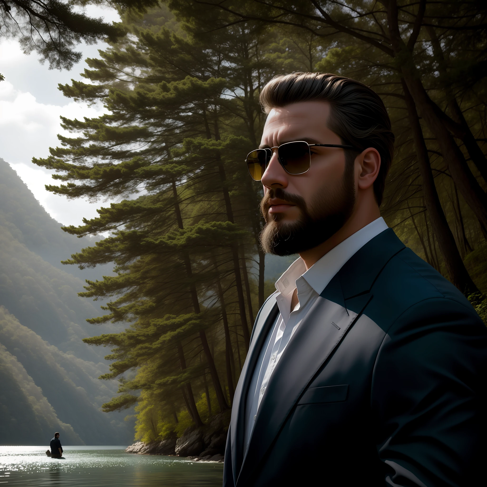 Man in sunglasses and beard in front of a lake with trees, foto de retrato de pintura fosca, Retrato tirado 8 K, cinematic portrayal, Foto do perfil, dramatic cinematic portrait, Directed by: Alejandro Obregon, Tiro em Sony A 7 III, sao paulo, Background Story : Diego Fazio, filme ainda 8K, Retrato VFX altamente detalhado, Cinematic realistic portrait