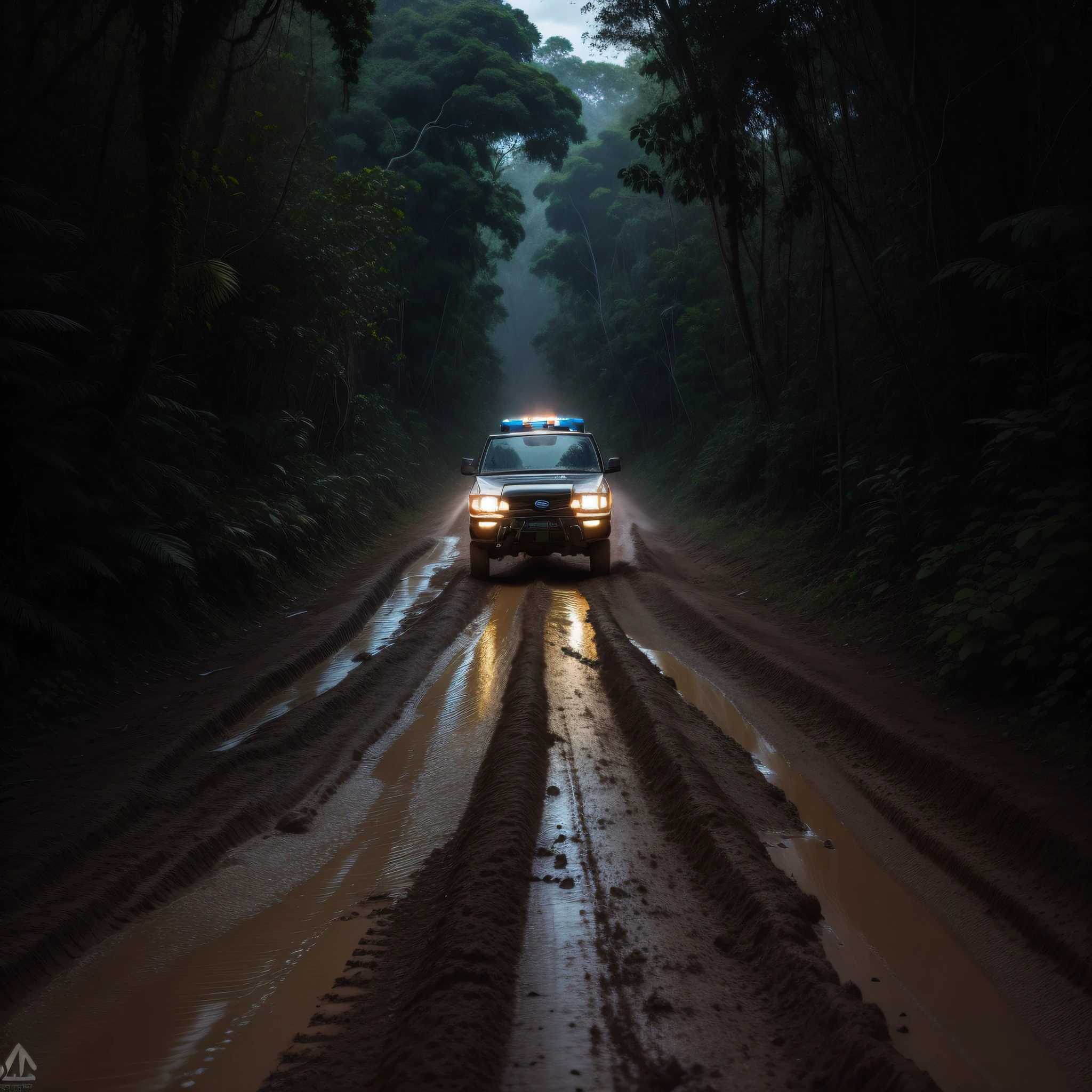4x4 pickup truck passing by a dirt road full of mud and mud with the lights on in the middle of the Amazon rainforest
