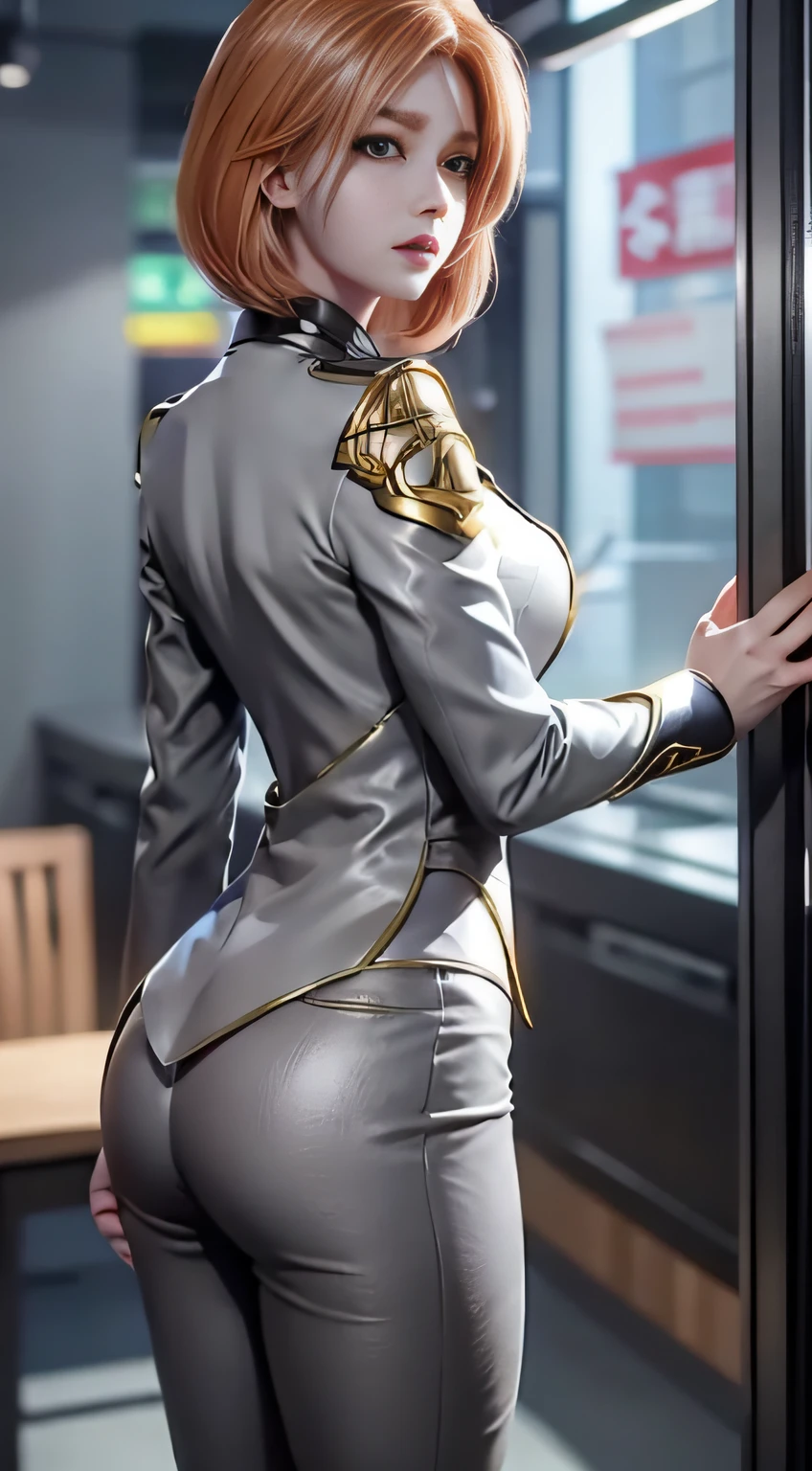 （best qualtiy，8k，32k，tmasterpiece，UHD：1.2），1girll，beautiful  japanese woman，a narrow waist，grey suit，Open jacket，office  lady，Business suit，trouser，frontage，Office companies，office desk，（stick out buttocks：1.2），详细的脸，short detailed hair，