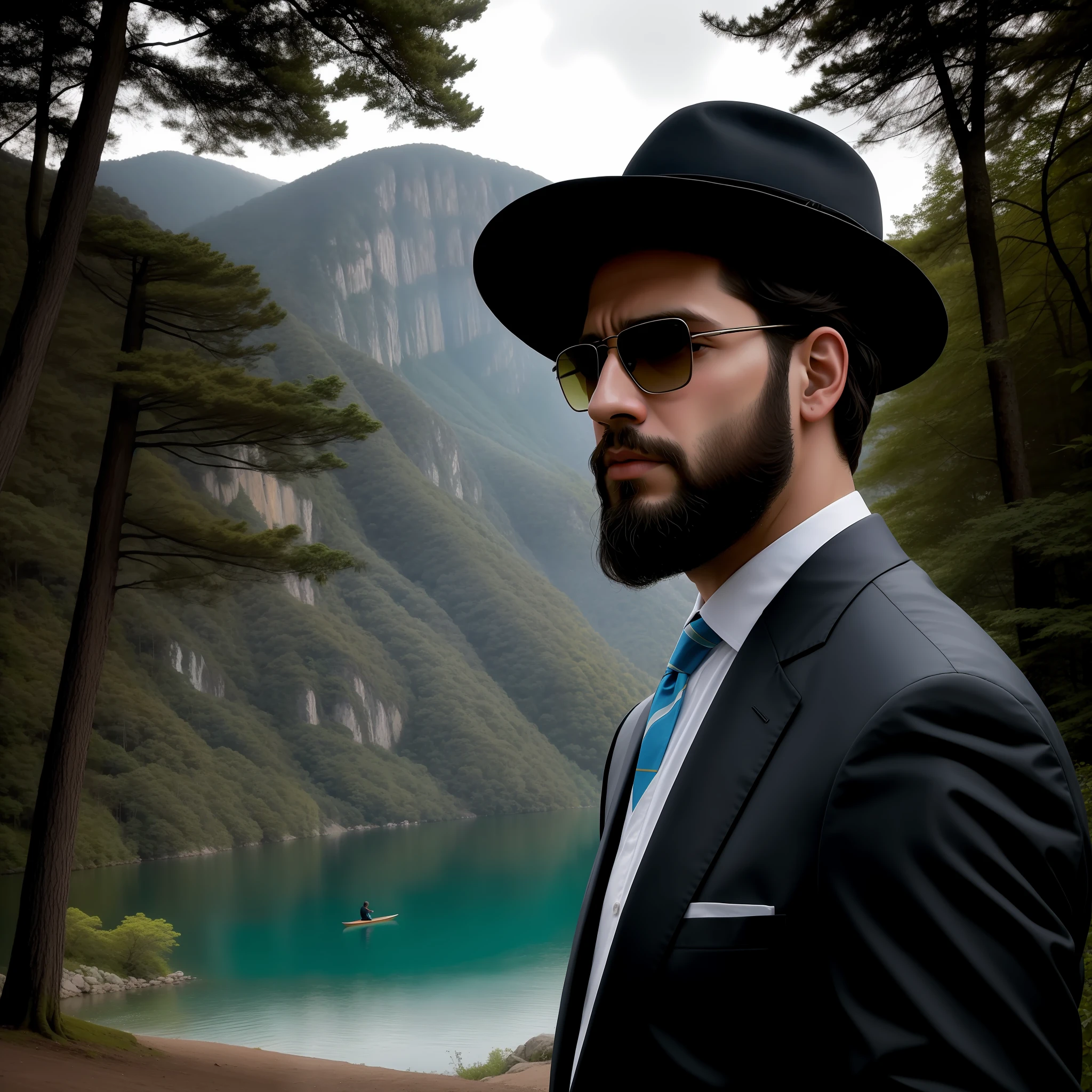 Man in sunglasses and beard in front of a lake with trees, foto de retrato de pintura fosca, Retrato tirado 8 K, cinematic portrayal, Foto do perfil, dramatic cinematic portrait, Directed by: Alejandro Obregon, Tiro em Sony A 7 III, sao paulo, Background Story : Diego Fazio, filme ainda 8K, Retrato VFX altamente detalhado, Cinematic realistic portrait