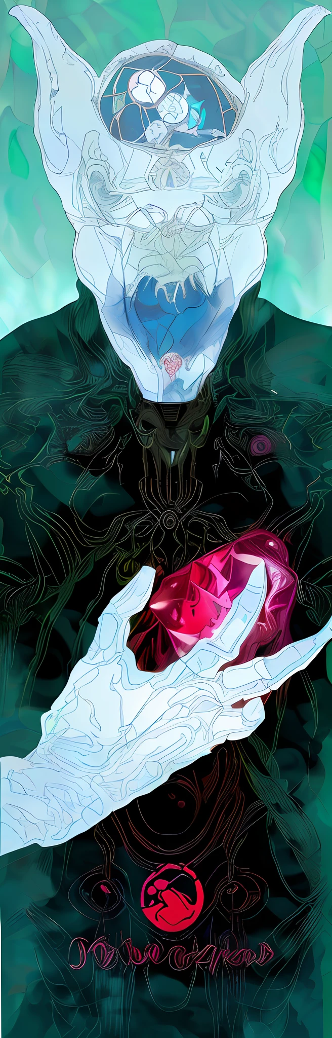 Draw a white face,A man with a red heart in his hand, inspired by Philippe Druillet, ding-dong , yoshitaka amano and junji ito, moebius and kilian eng, cybernetic demon dreaming, Bio mech, melted cyborg, HR Giger ) ( ( Stained glass