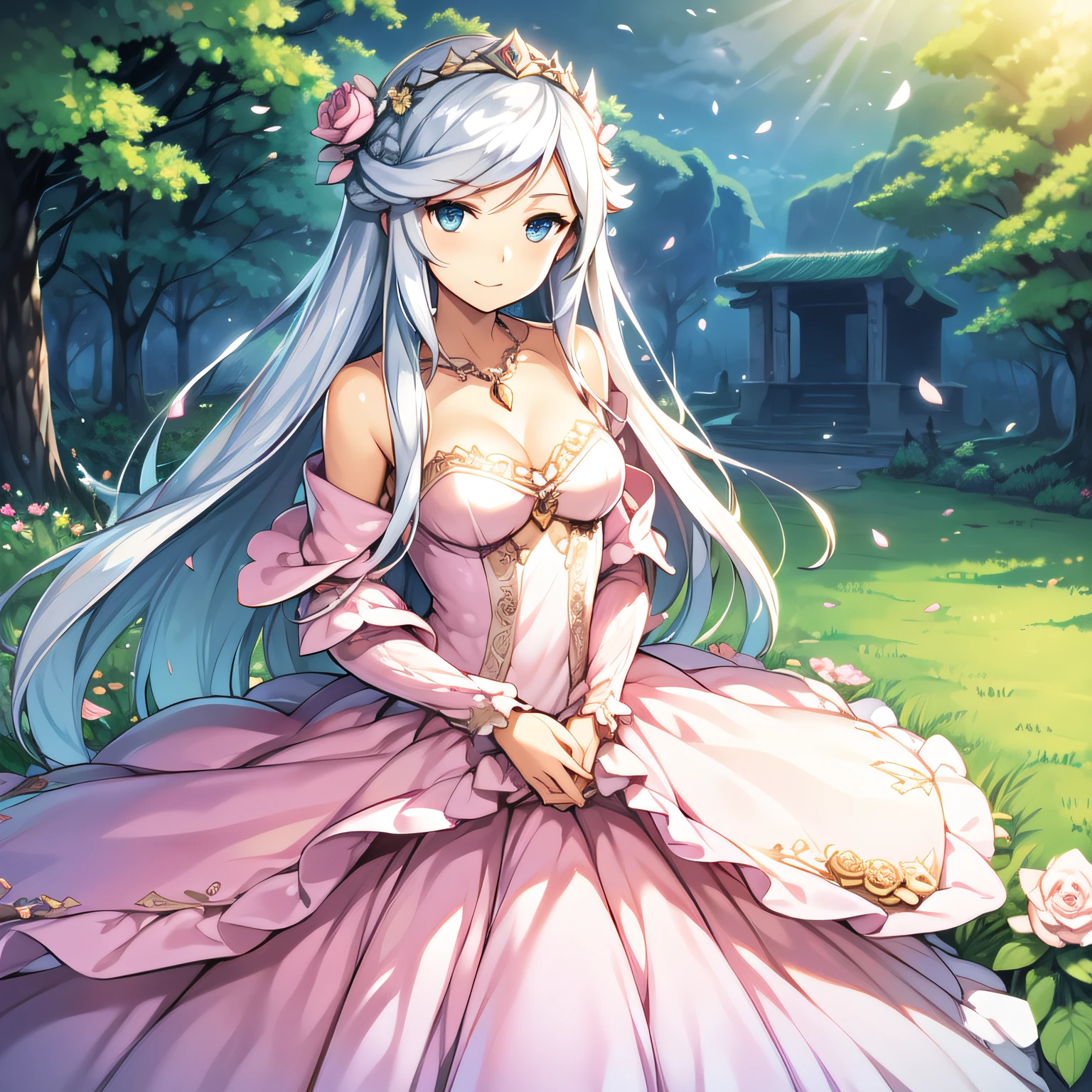 ((Masterpiece)), (((Best quality))), ((Ultra-detailed)), ((illustration)), ((Disheveled hair)), ((frilld)), (1 girl), (Solo), Bare shoulders， Blue eyes， bushes， Castle， Clothing， Cloud， Cloudy sky， crown， day， dress， Female， flower， Hand on chest， hand on her own chest， Headwear， jewelry， Long hair， view the viewer， necklace， Outdoors， petals， Pink dress， Rose， Silver hair， sky， No shoulder strap， Strapless dress， head gear， two sides up， Very long hair， White hair， Wind，ssmile，