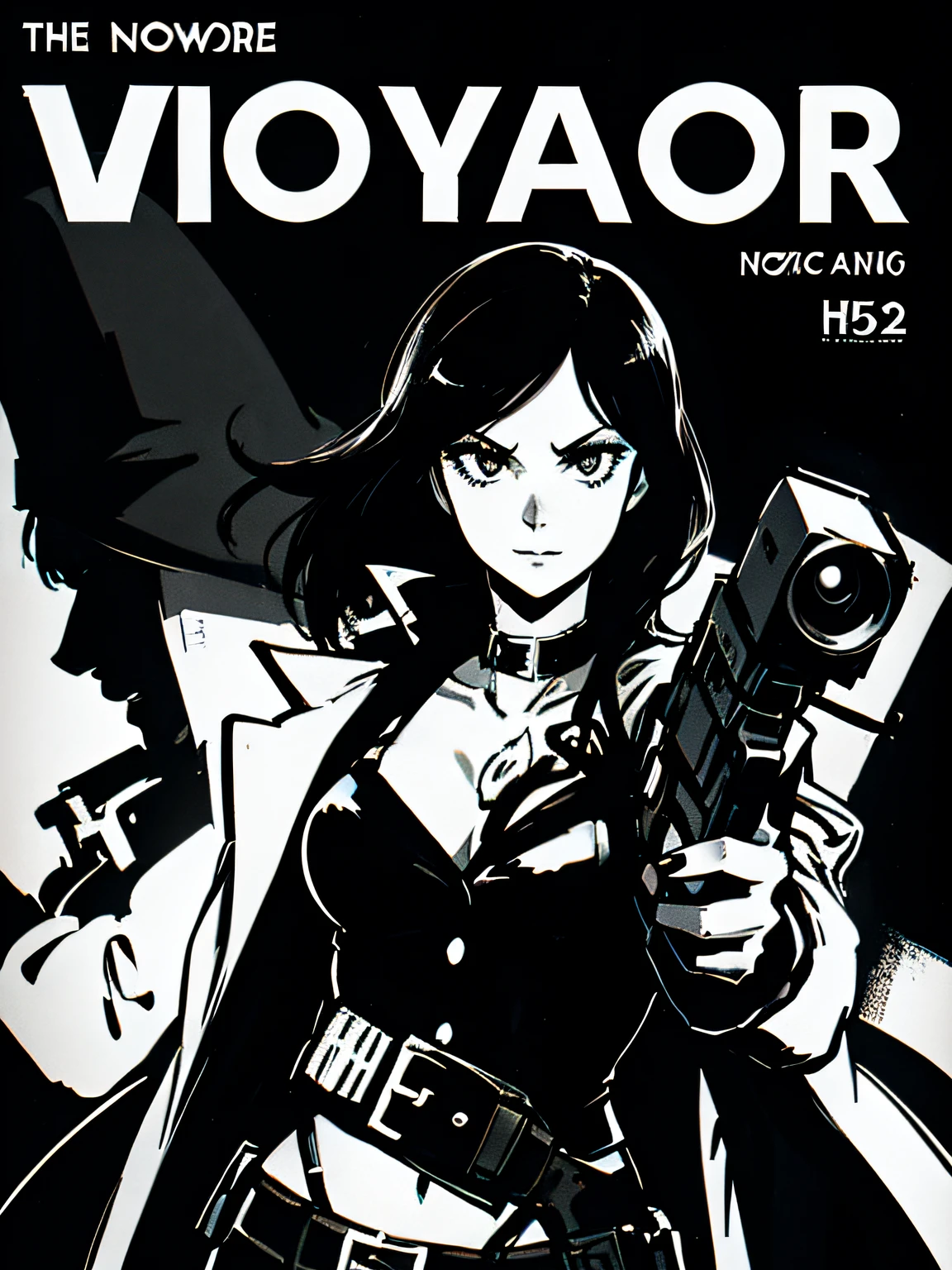 (Noir Comics-style illustration:1.2),(Black and white_High contrast),girl with,Holding a gun