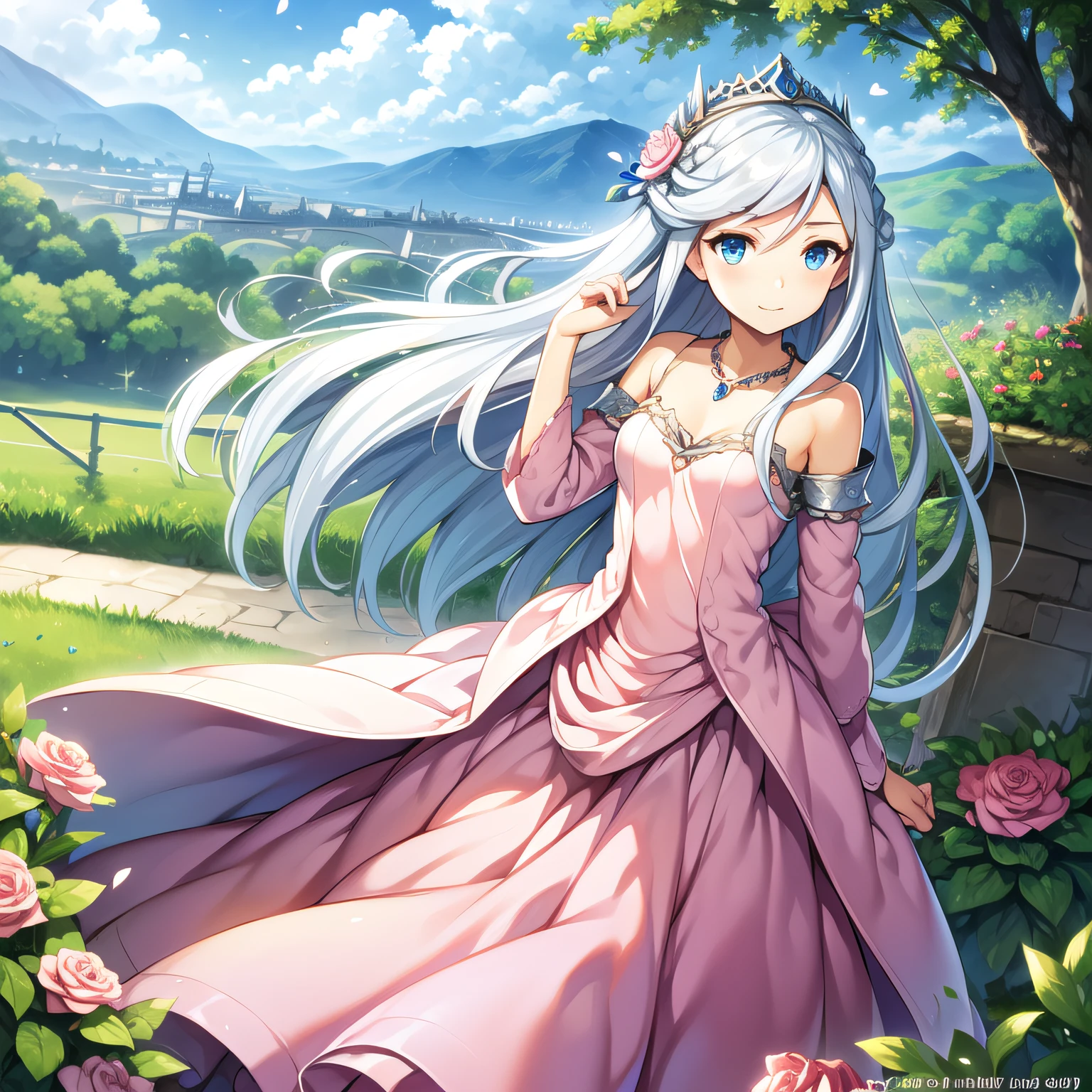 ((Masterpiece)), (((Best quality))), ((Ultra-detailed)), ((illustration)), ((Disheveled hair)), ((frilld)), (1 girl), (Solo), Bare shoulders, Blue eyes, bushes, Castle, Clothing, Cloud, Cloudy sky, crown, day, dress, Female, flower, Hand on chest, hand on her own chest, Headwear, jewelry, Long hair, view the viewer, necklace, Outdoors, petals, Pink dress, Rose, Silver hair, sky, No shoulder strap, Strapless dress, head gear, two sides up, Very long hair, White hair, Wind,ssmile,