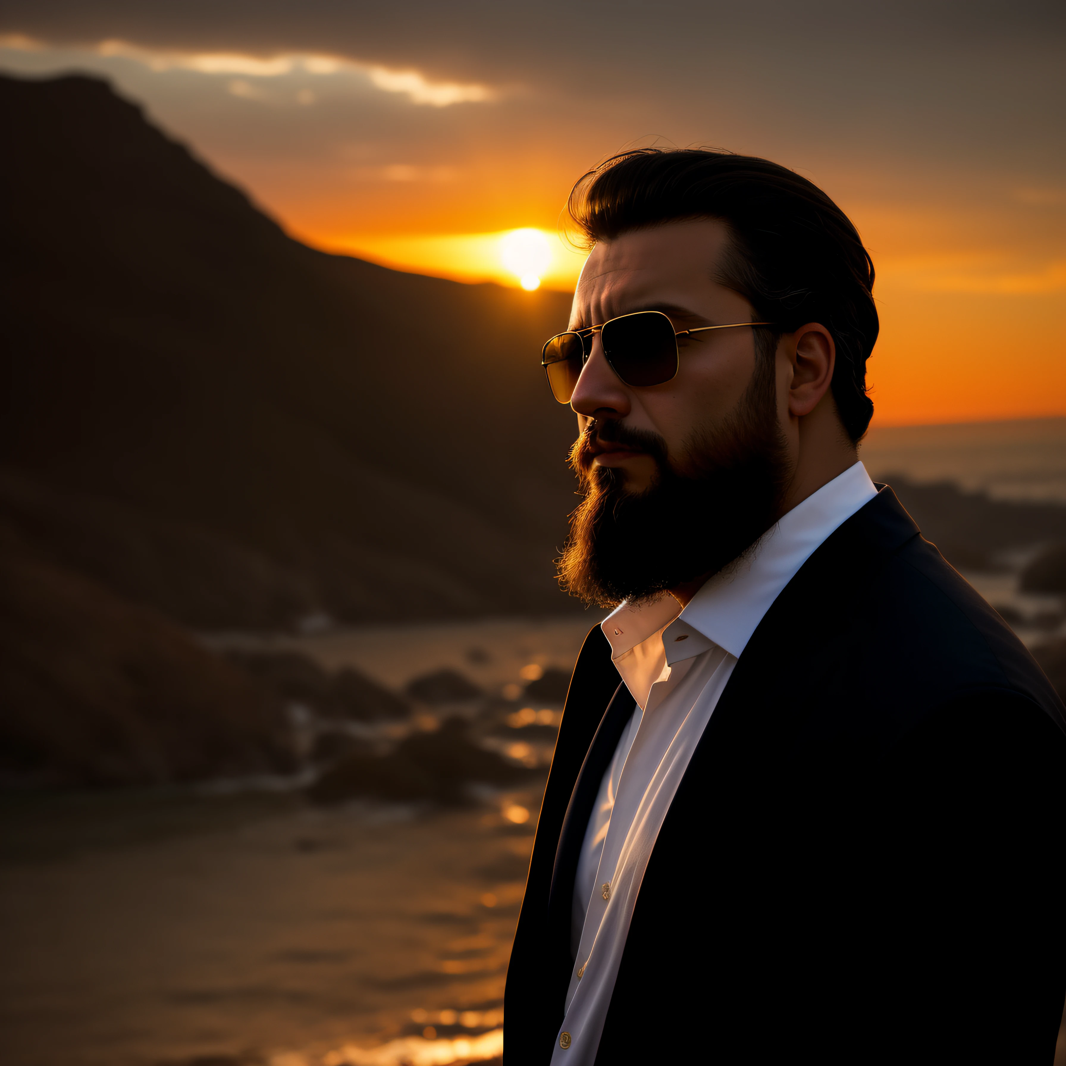 Man in sunglasses and beard in front of a sunset, foto de retrato de pintura fosca, Retrato tirado 8 K, cinematic portrayal, foto do perfil, dramatic cinematic portrait, Directed by: Alejandro Obregon, Tiro em Sony A 7 III, sao paulo, Background Story : Diego Fazio, filme ainda 8K, Retrato VFX altamente detalhado, Cinematic realistic portrait