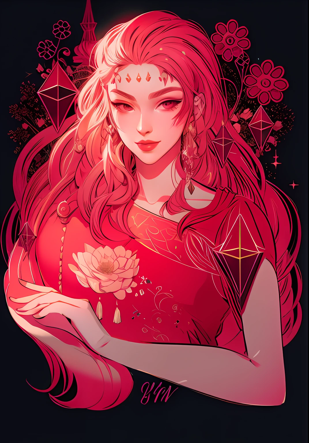 anime girl with red hair and a red dress holding a flower, charlie bowater art style, a beautiful artwork illustration, in the art style of bowater, neoartcore and charlie bowater, loish art style, digital anime illustration, jen bartel, beautiful digital illustration, anime fantasy illustration, in style of charlie bowater, detailed fanart,, exquisite line art, exquisite digital illustration, detailed digital drawing, black and white coloring, digital anime illustration, a beautiful artwork illustration, detailed matte fantasy portrait, beautiful line art, great digital art with details, goddess. extremely high detail, 4k detailed digital art, stunning digital illustration, digital fantasy illustration,((Best quality)), ((masterpiece)), (detailed:1.4), 3D, an image of a beautiful female,HDR (High Dynamic Range),Ray Tracing,NVIDIA RTX,Super-Resolution,Unreal 5,Subsurface scattering,PBR Texturing,Post-processing,Anisotropic Filtering,Depth-of-field,Maximum clarity and sharpness,Multi-layered textures,Albedo and Specular maps,Surface shading,Accurate simulation of light-material interaction,Perfect proportions,Octane Render,Two-tone lighting,Wide aperture,Low ISO,White balance,Rule of thirds,8K RAW