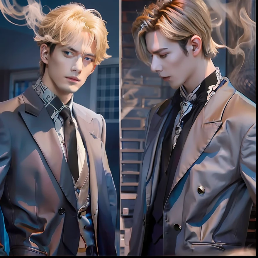 Vinsmoke Sanji from the anime One Piece by Eichiro Oda , blonde wavy short hair , tall , slender man , long-legged , Grey-blue eyes , Attractive , Smoking , has curly eyebrows , Strong jawline , Pointed nose , wears a black, double-breasted suit with a tie and a long-sleeved, buttoned shirt black, with or without pinstripes , sports a dark goatee, and stubble on his upper lip , Keeps his hair cover one side of his face , 1 men , masculine, realistic, best quality , handsome
