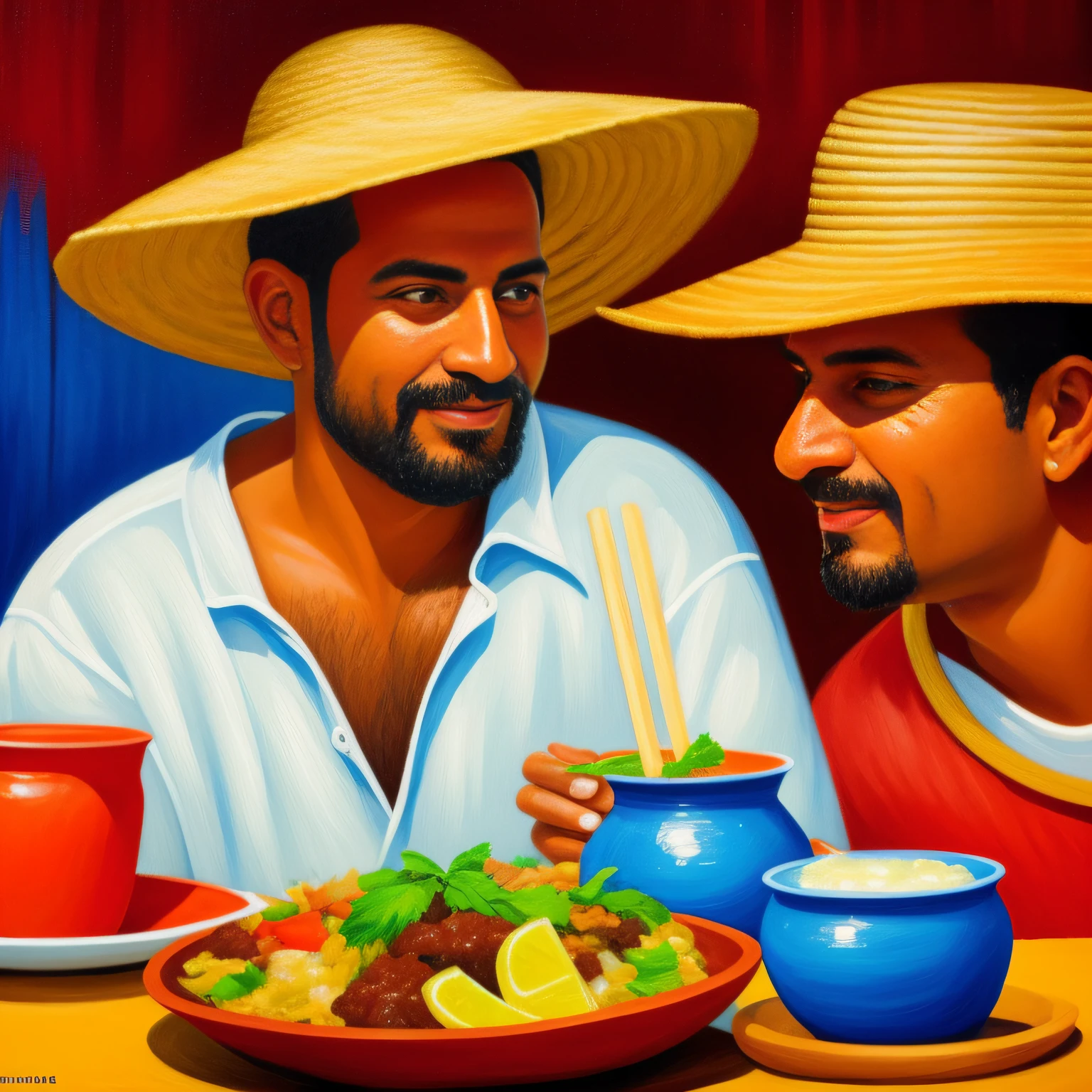 um mineiro polaco, de 35 anos, wearing a straw hat and eating feijoada at a traditional restaurant in the state of Minas Gerais. Estilo de pintura: "impressionismo", com cores vibrantes bem definidas em 8K. Paint so that characters are easily recognizable and reveal the perfection of the characters' facial expressions.